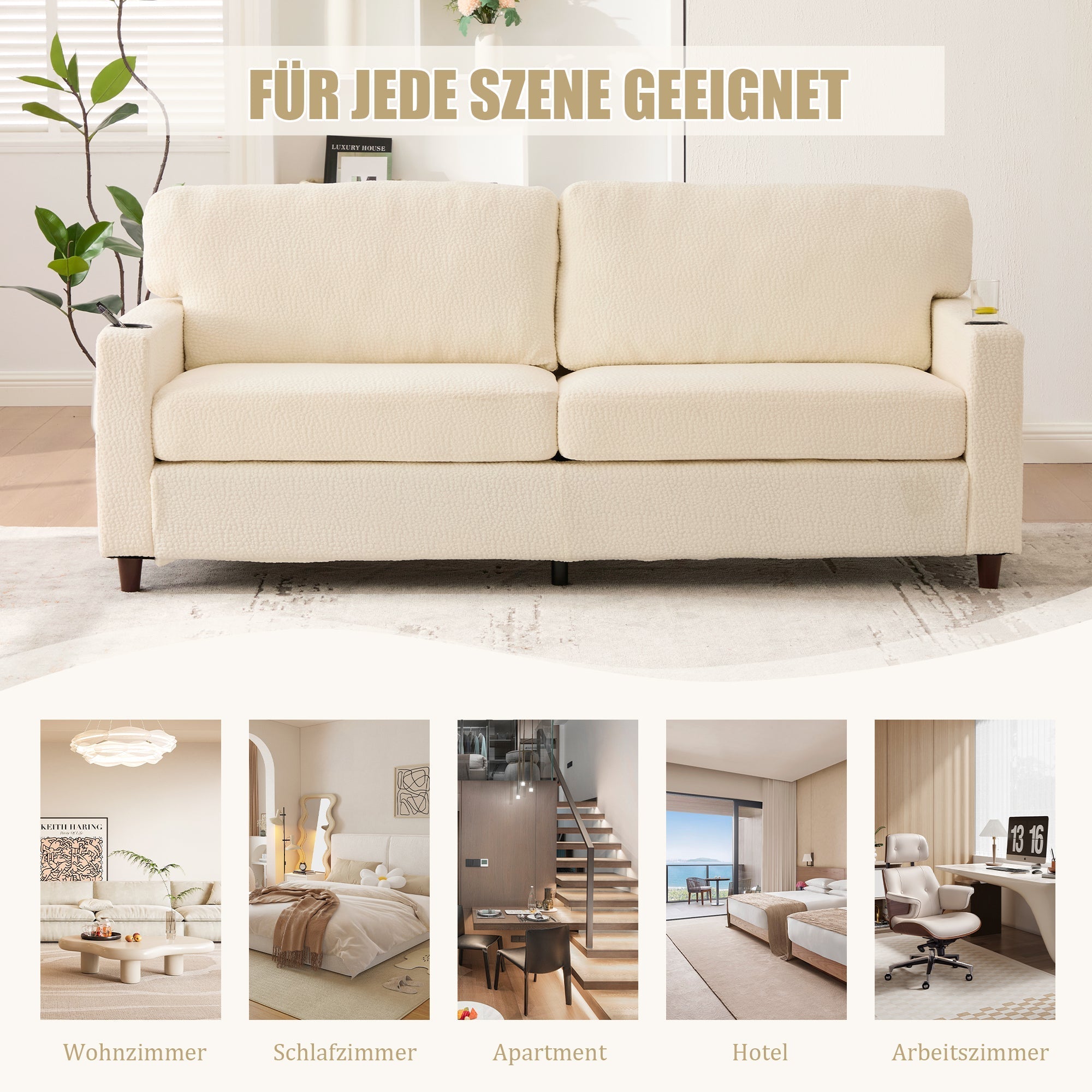 Modern 2-Seater Sofa with USB-C, LED Light, Cupholders, Chenille Beige