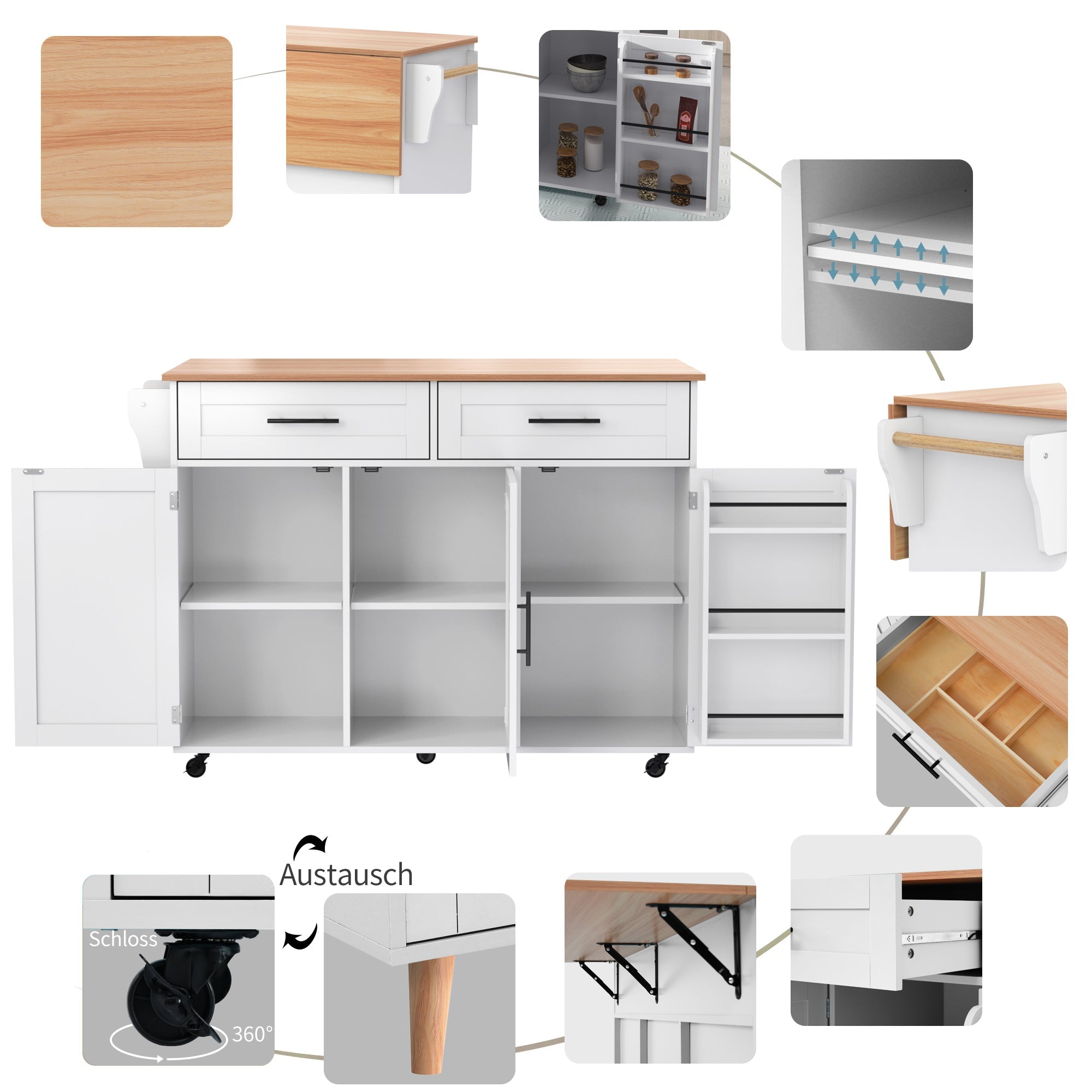 Dining Cart/Sideboard with Folding Worktop and Storage, White Cabinet/Solid Wood
