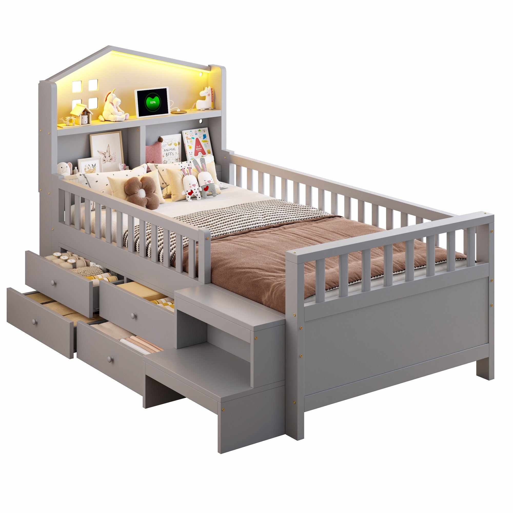 Children's Bed with 4 Drawers, LED Lights, USB and Type-C Charging Ports, 90x200cm, Grey Solid Wood