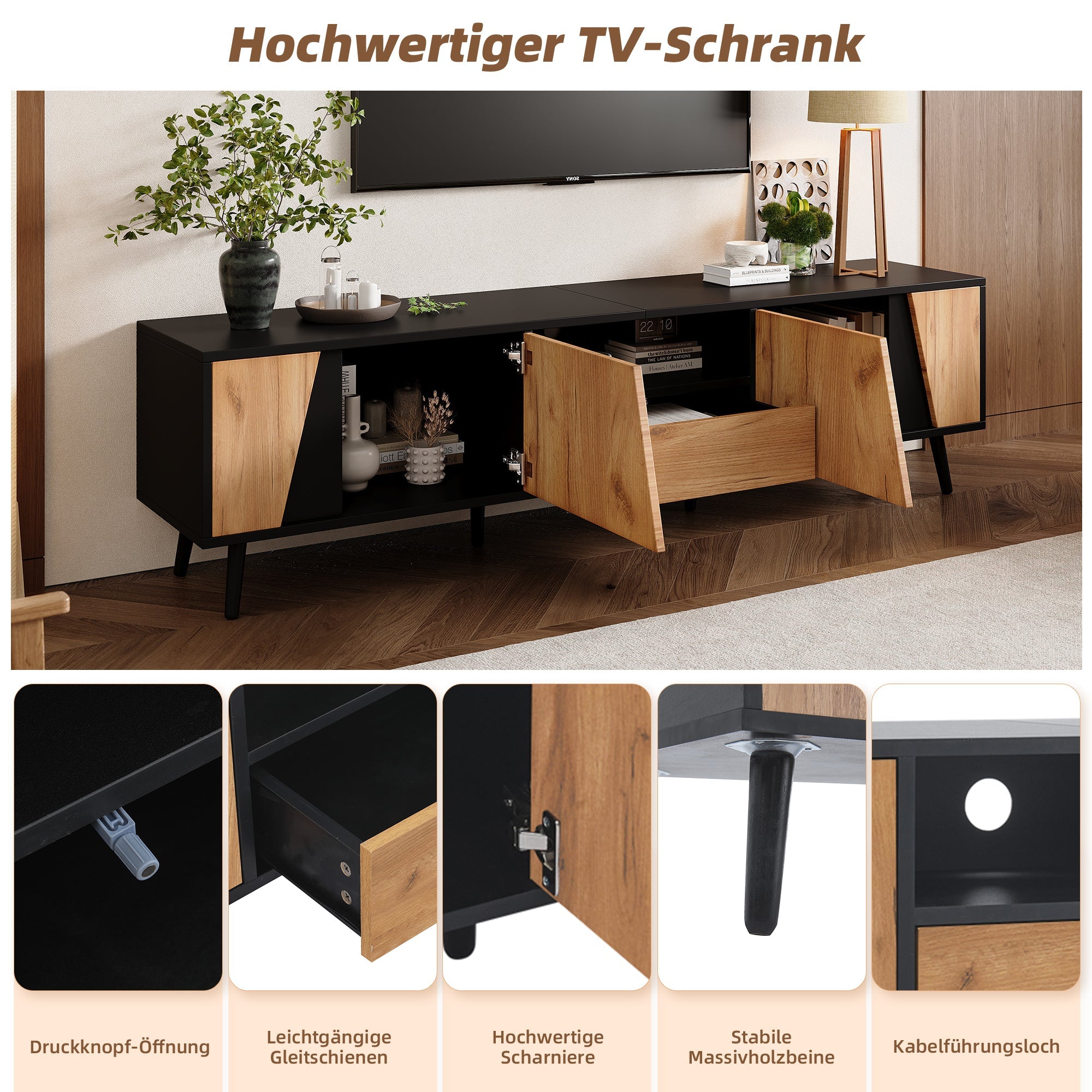 Lowboard TV Board, TV Cabinet with Drawers and 2 Cabinets, Modern Minimalist, Solid Wood