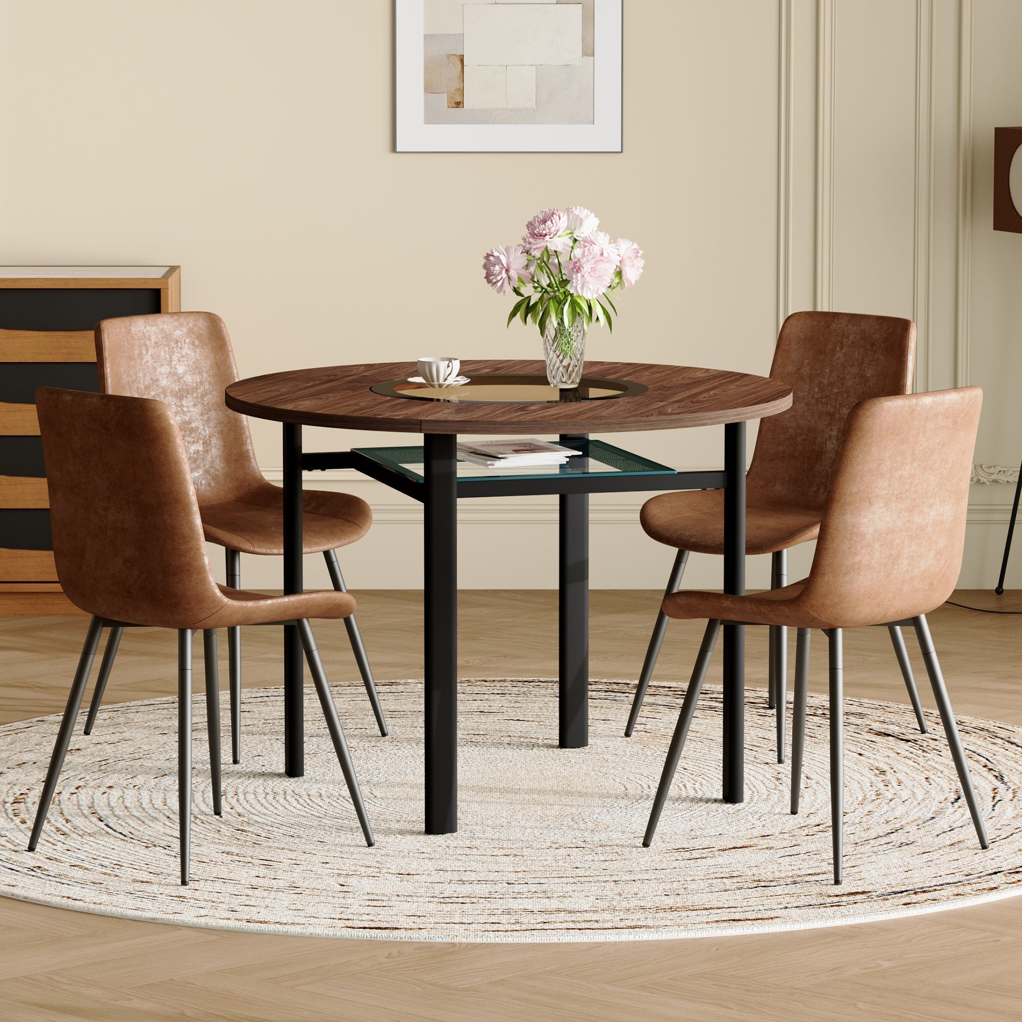 Round Table Set, Modern Minimalist 100cm with Storage, 4 Armchairs, Brown Wood Look/Brown Fabric
