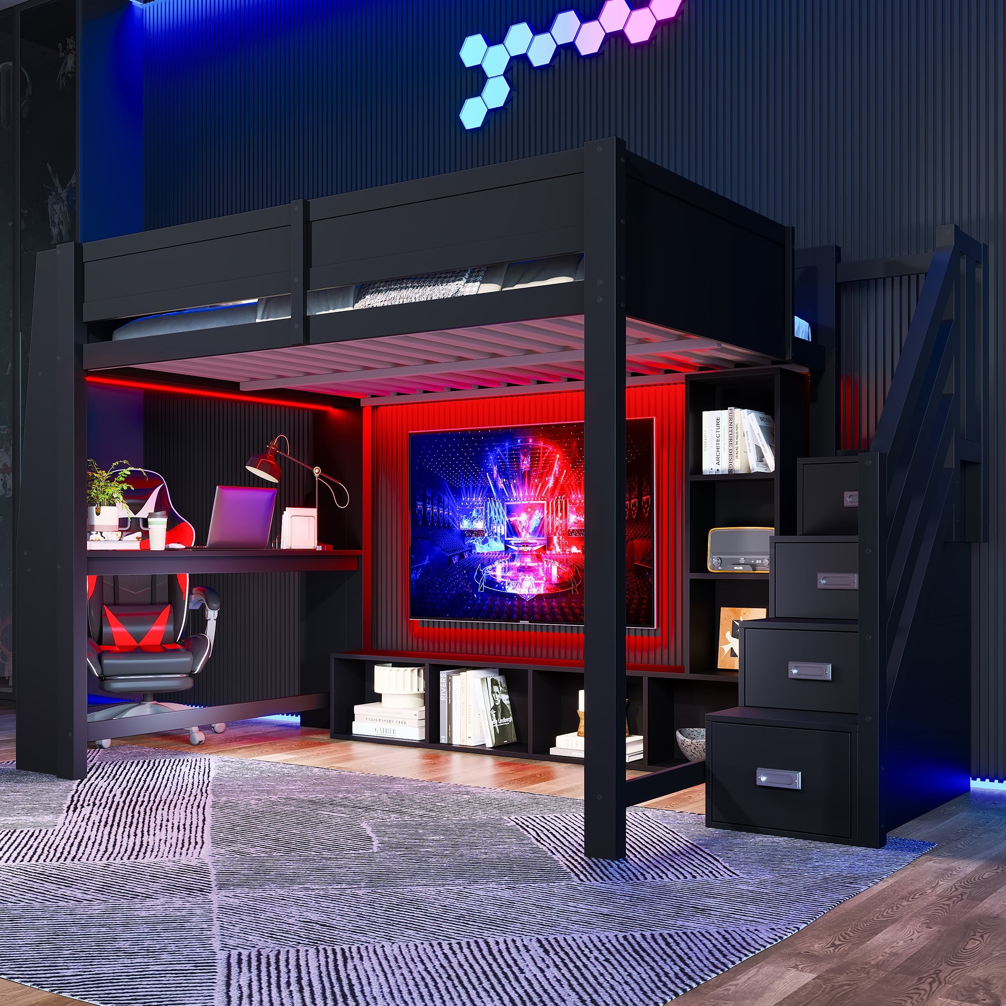Loft Bed 140x200 with Desk, Storage, LED Lighting, Stairs - Wooden/Black