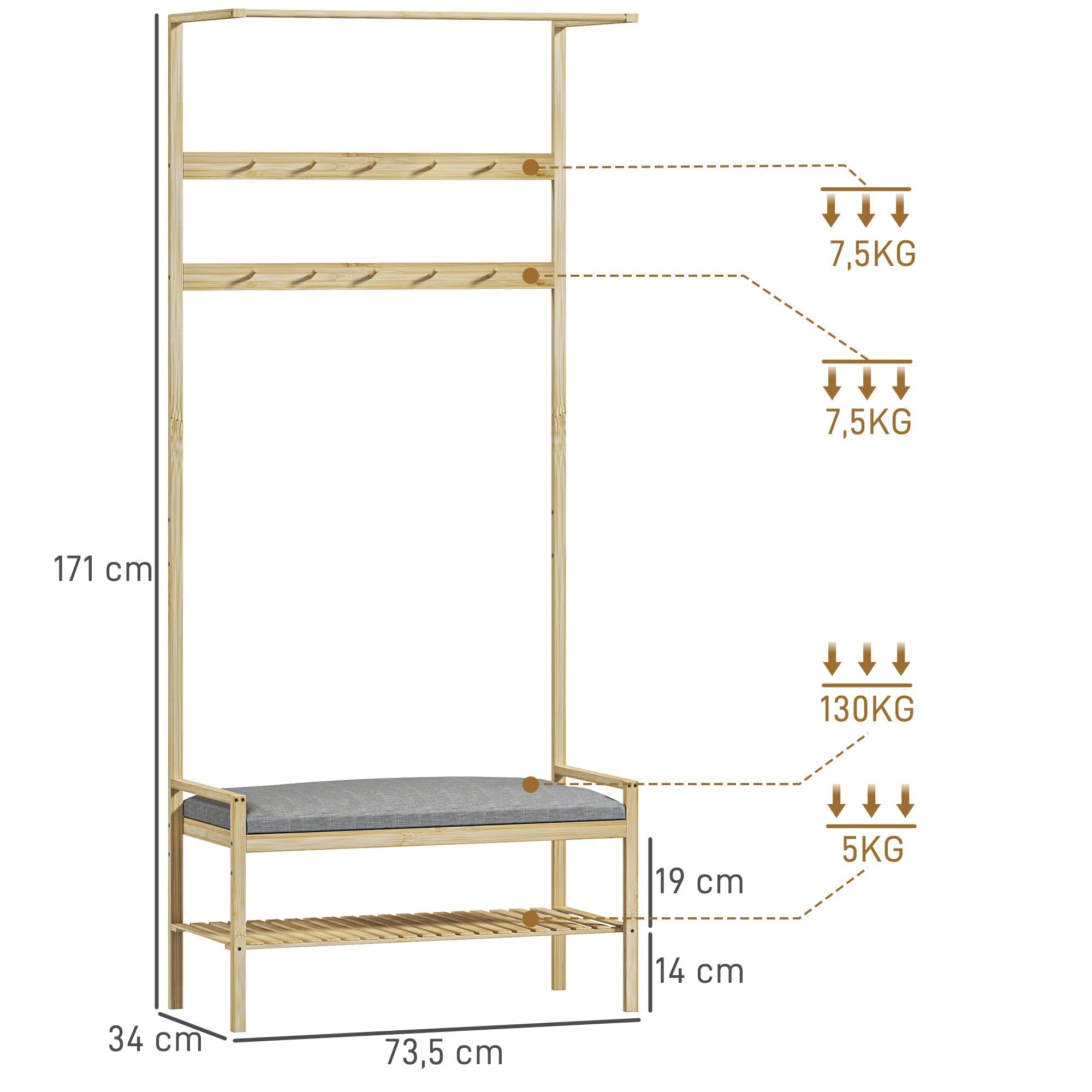Coat Rack with Shoe Bench, Hooks, Shoe Rack, Seat Cushion, Bamboo, Natural