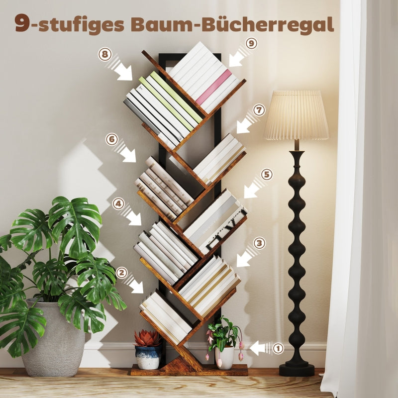 Bookshelf Standing Shelf 9 Levels Tree Shape, Rustic Brown