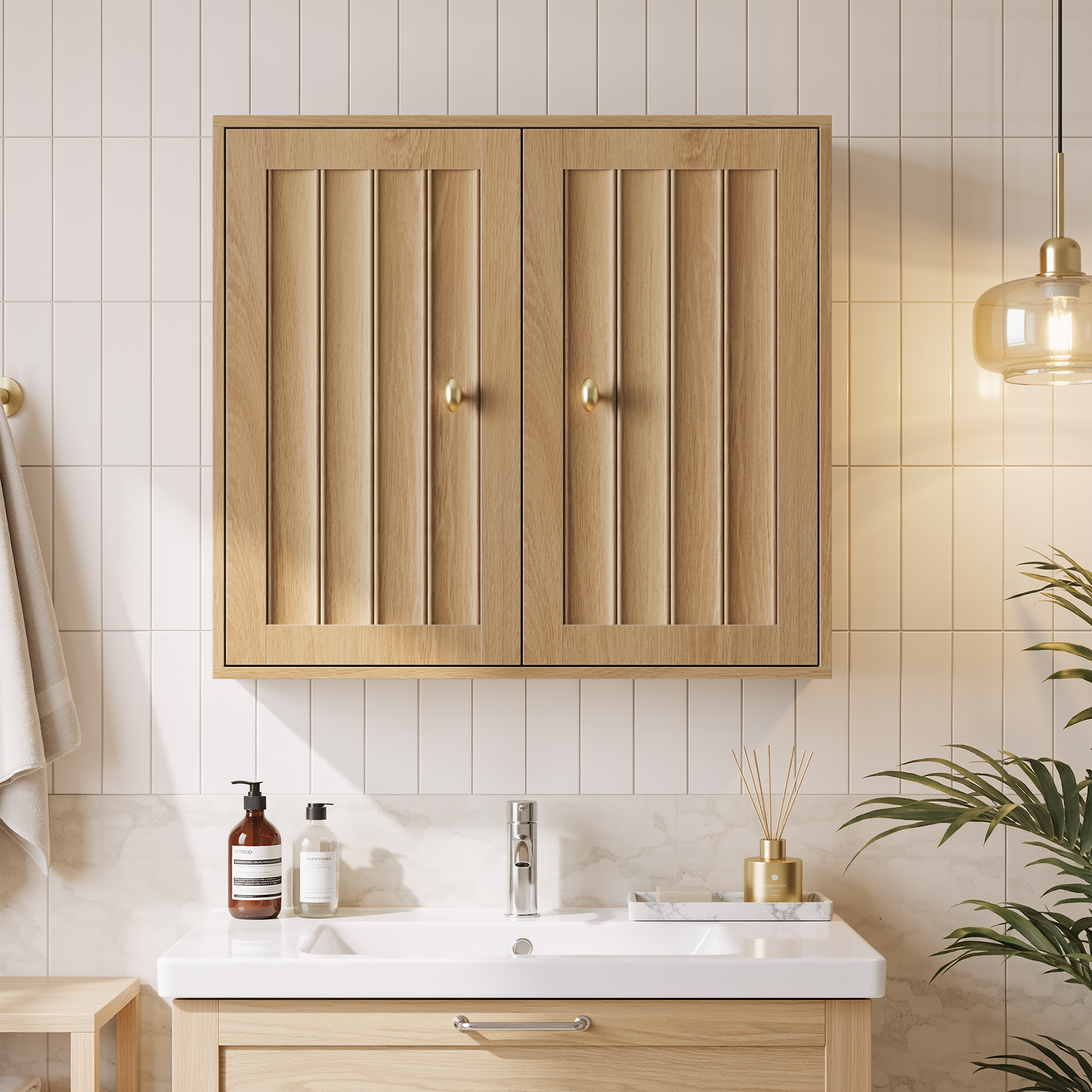 Wall-Mounted Bathroom Cabinet, Two-Door Medicine Cabinet with Vertical Groove Design, Oak