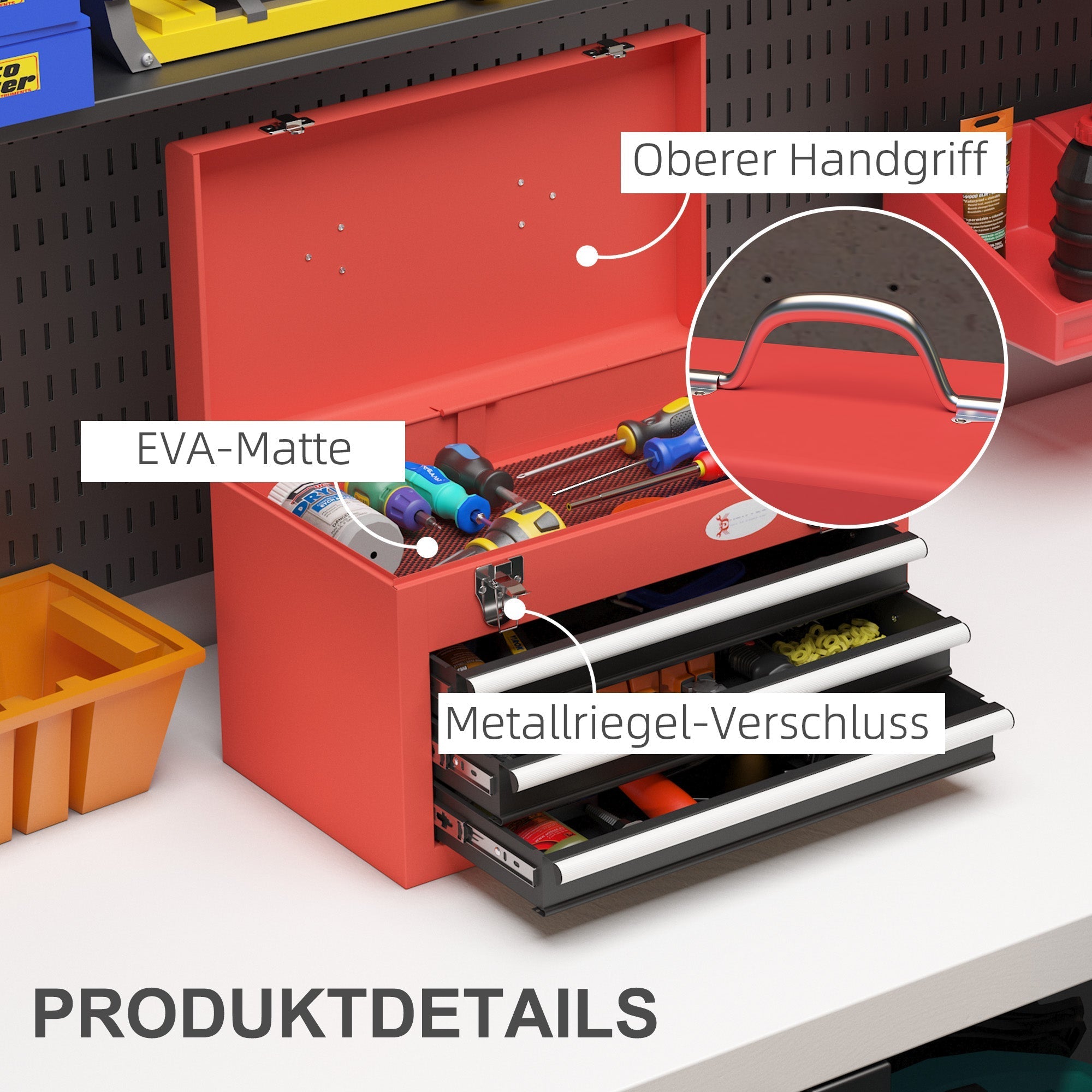 DURHAND empty tool box, 45 x 24 x 27 cm, 3 drawers, steel, red