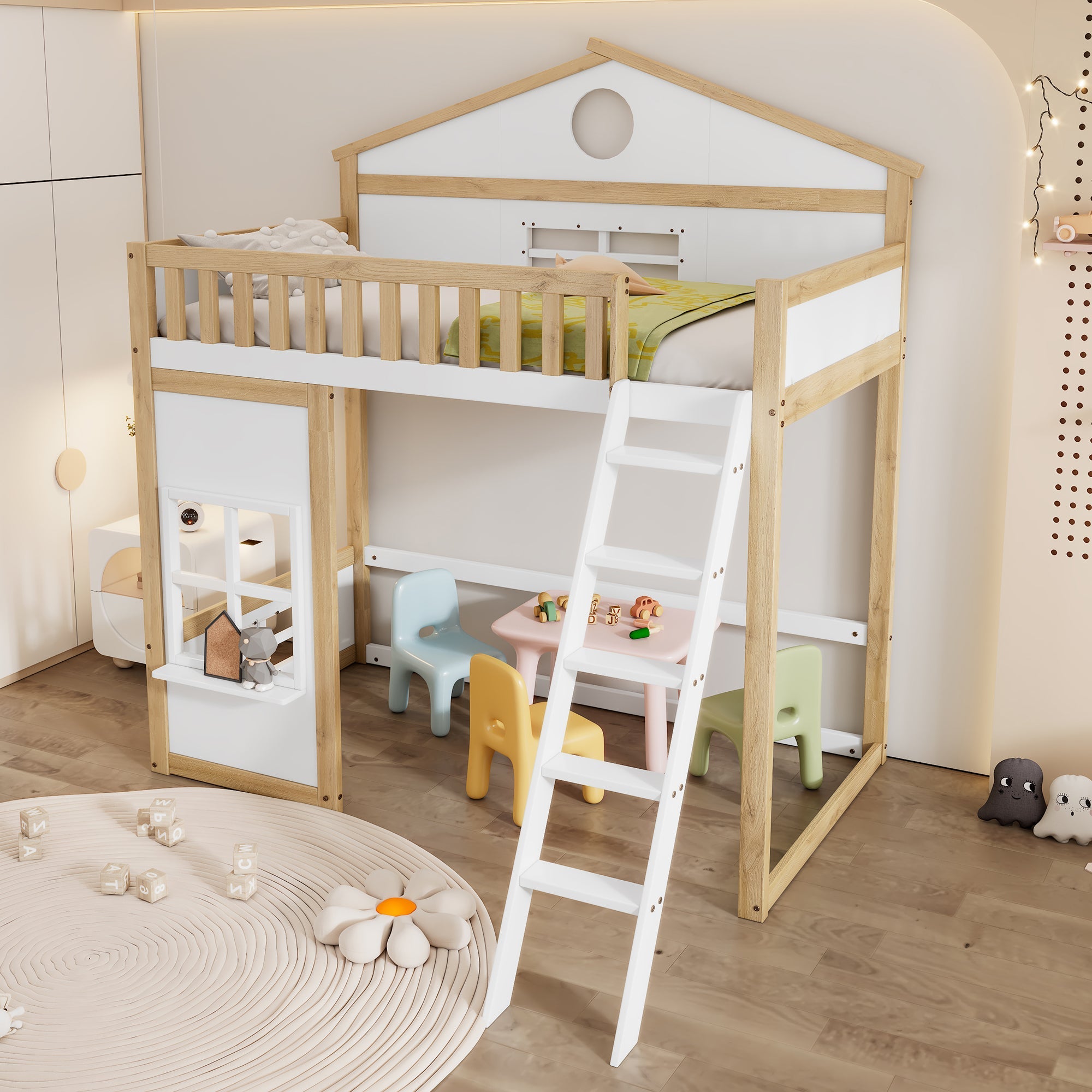 Bunk Bed, House Bed with Stairs & Rails, Pine+MDF, White+Natural