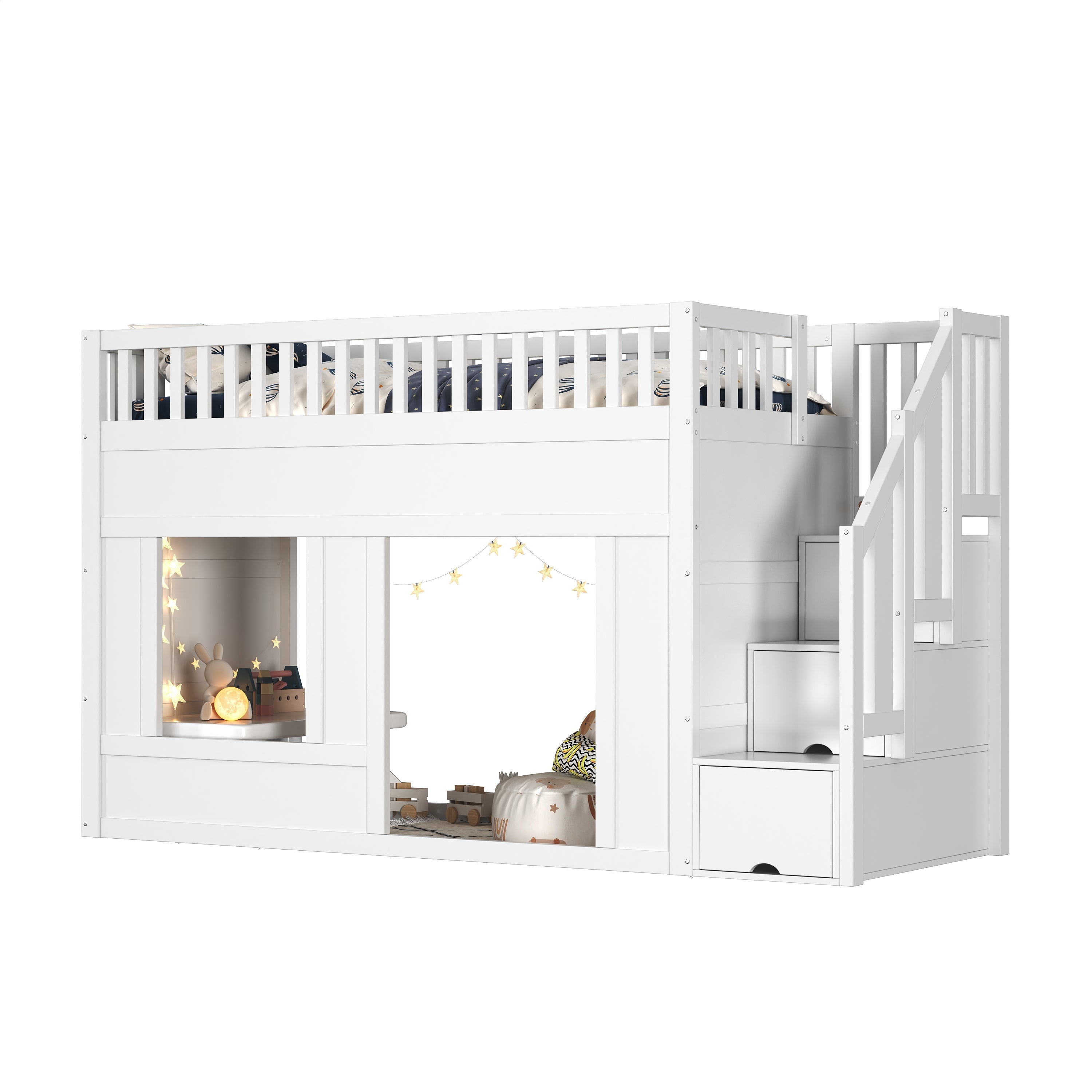 Bunk Loft Bed with Staircase Wardrobe and Convertible Play Area, 90x200cm, White