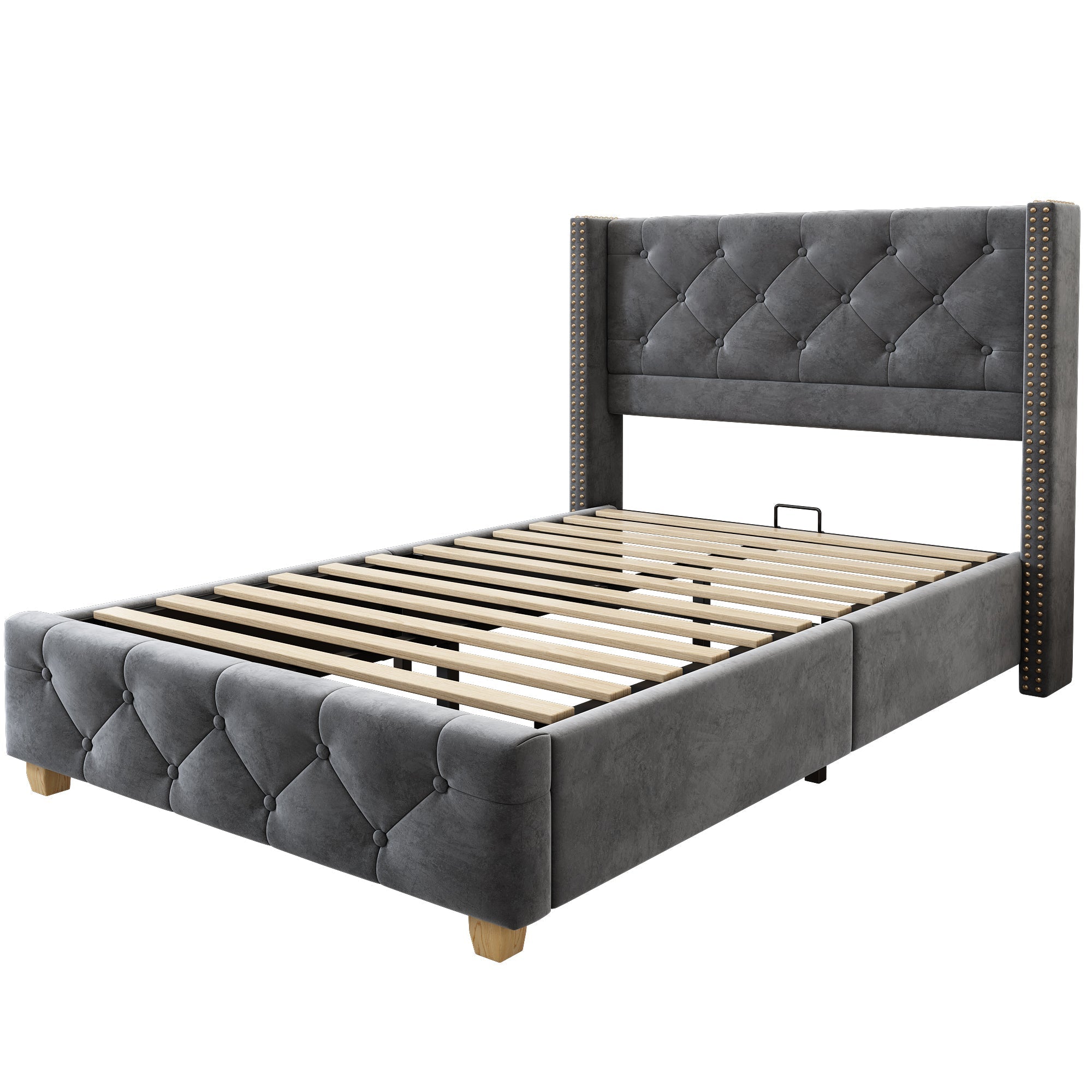Upholstered Bed with Button Studded Headboard and Wooden Legs, 90x200cm, Grey Velvet