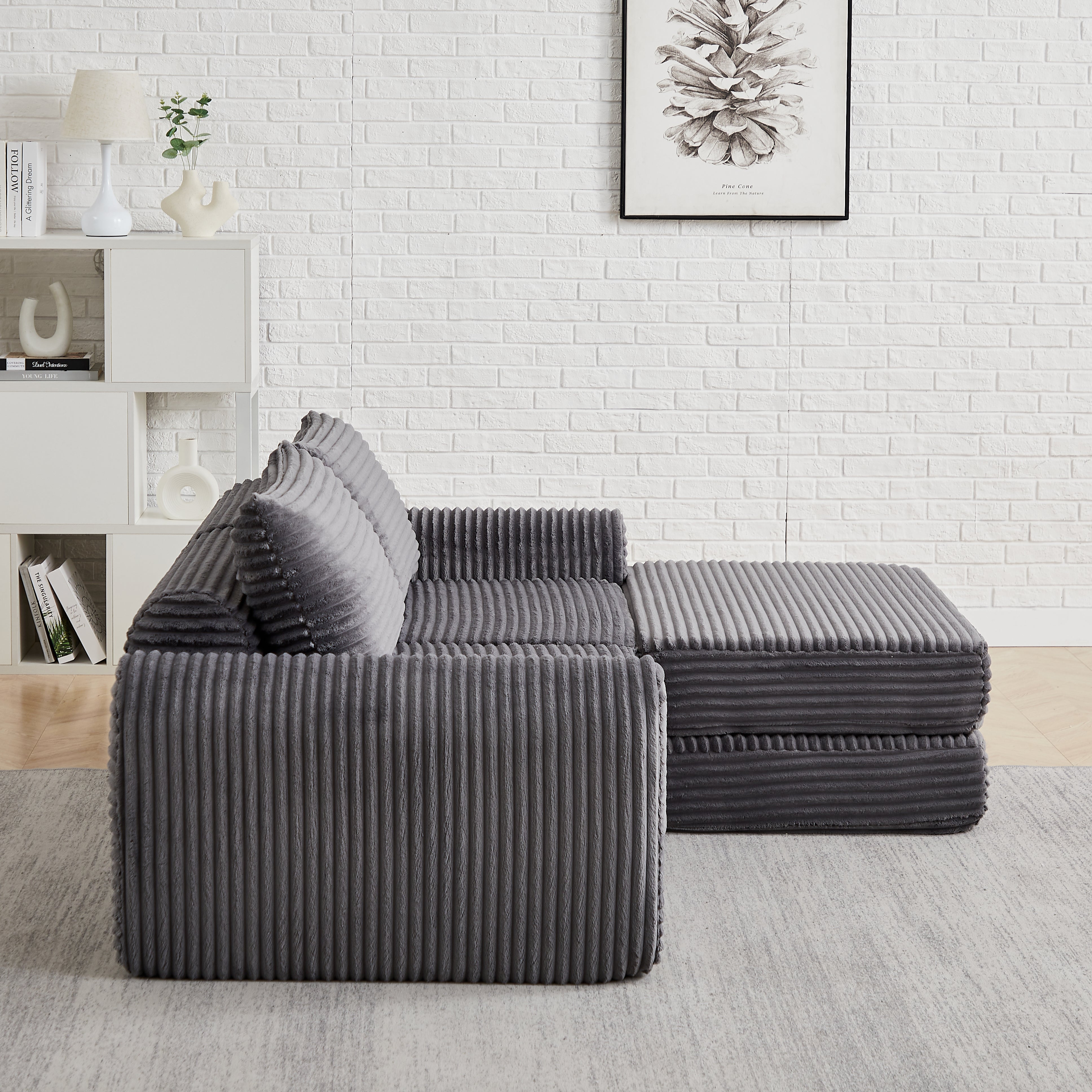 Corduroy 2-in-1 Sofa Bed with Two Pillows and Removable Footstool, Corduroy
