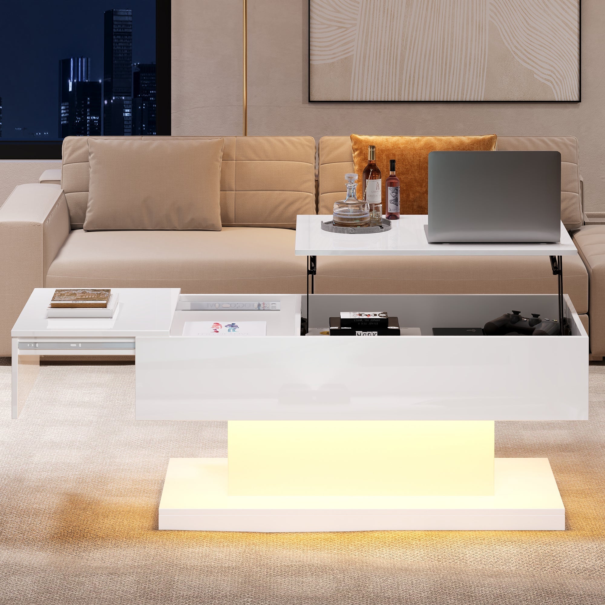 High-gloss Lift-up Tea Table, LED Coffee Table, 100x50x45 cm with Storage, White