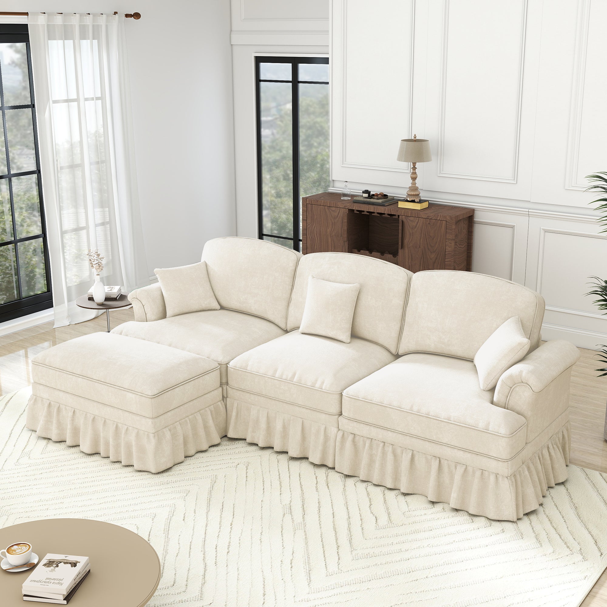 Modular L-Shaped Sofa 3-Seater Mid-Century Ottoman - White Chenille