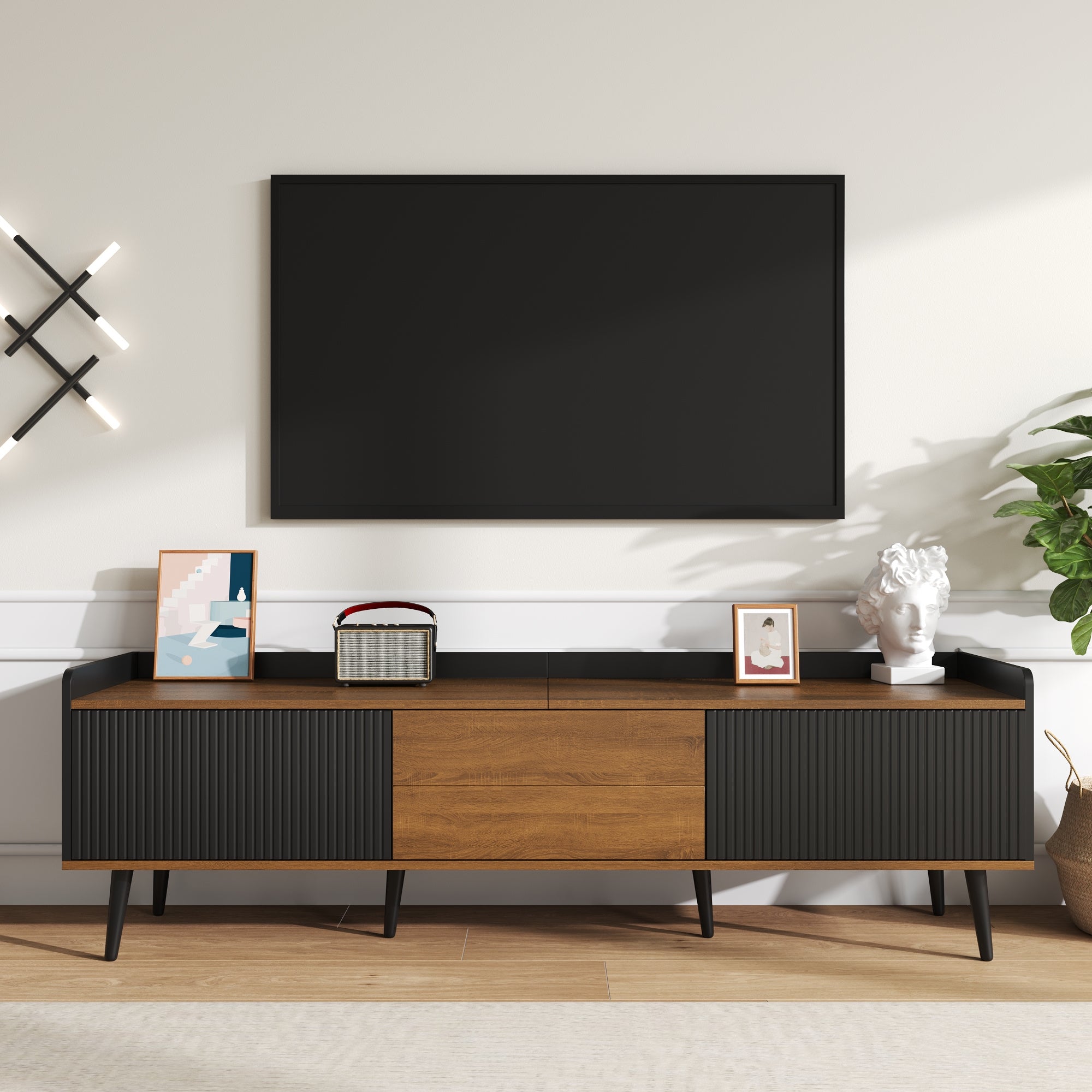 TV Cabinet 3-Door Base Cabinet Compact Design Black and Natural Wood