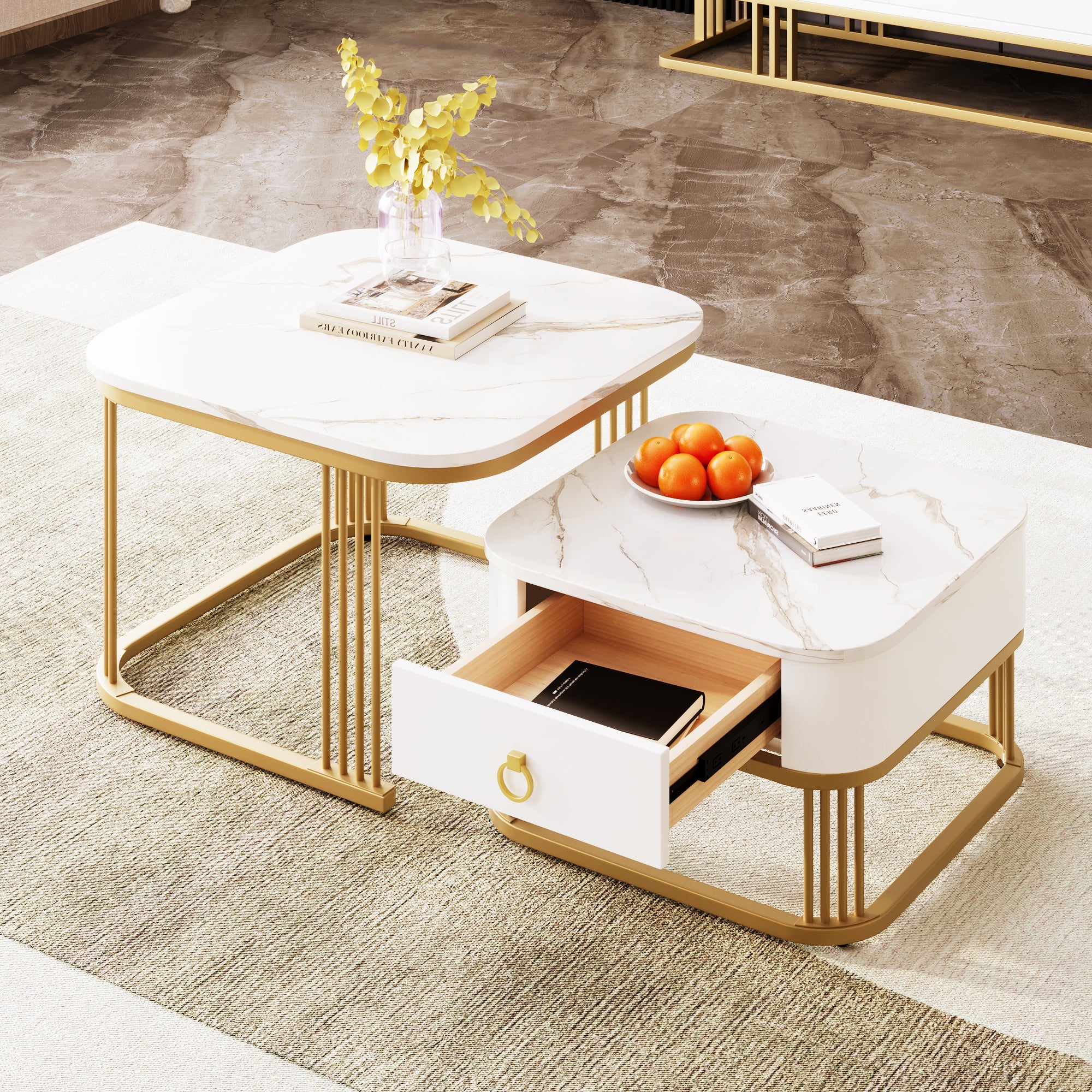 Stackable Coffee Table: Marble Look, Gold Accents, Two-Piece Set