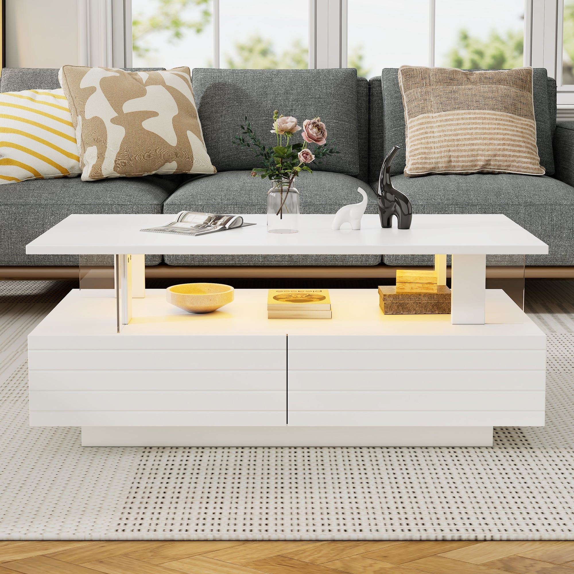 LED Coffee Table, Storage, Double-Layer Rectangular with Bluetooth App, White