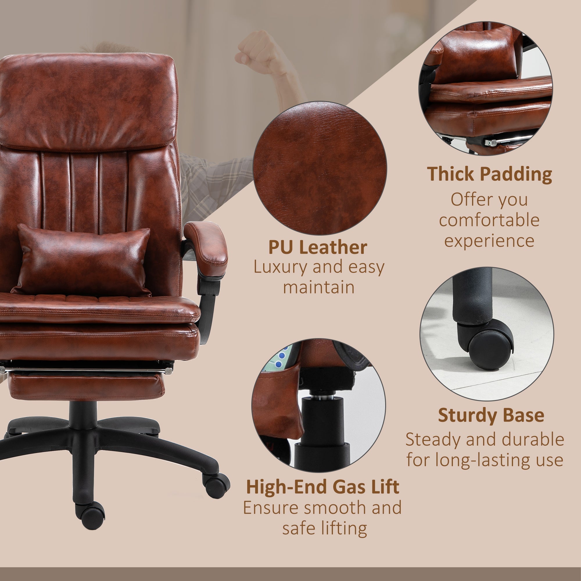 PU Leather Office Chair 7 Point Vibrating Massage Footrest Adjustable Reclining Back Brown