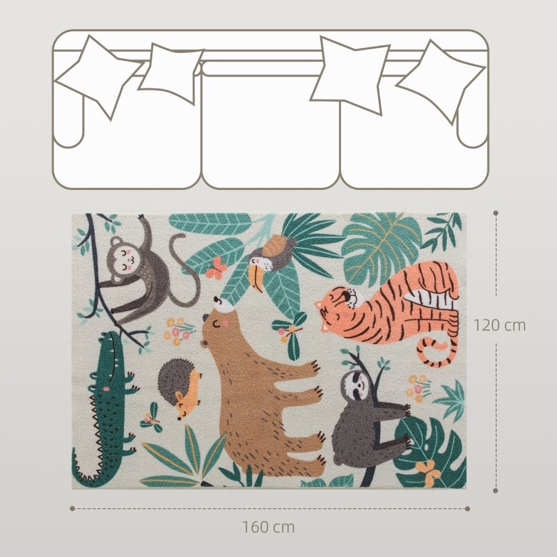 Fleece Rug Jungle Pattern Easy Care, Cream White/Multicolored