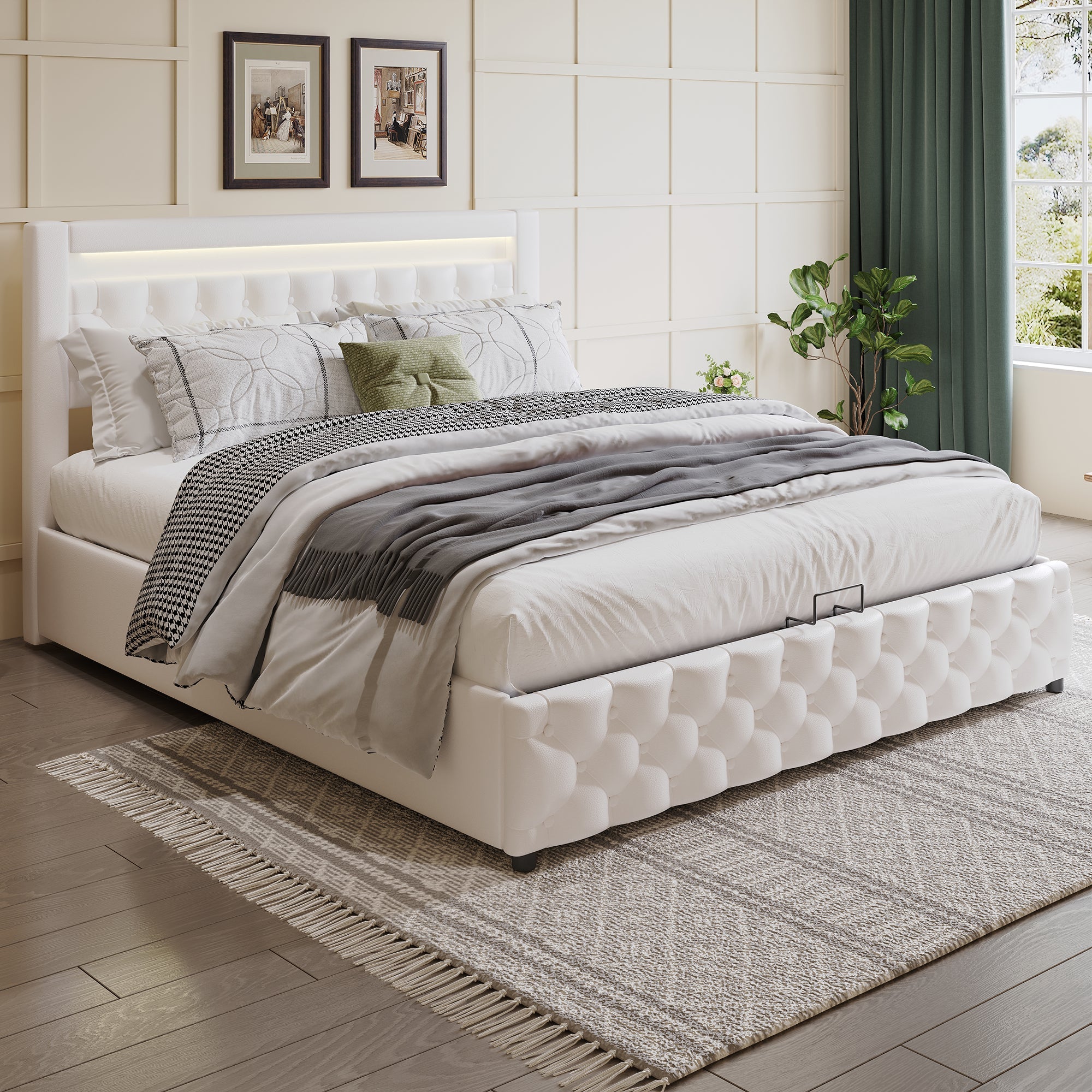 Upholstered Double Bed with LED Lights, Drawers and Slatted Frame, 160x200cm, White PU