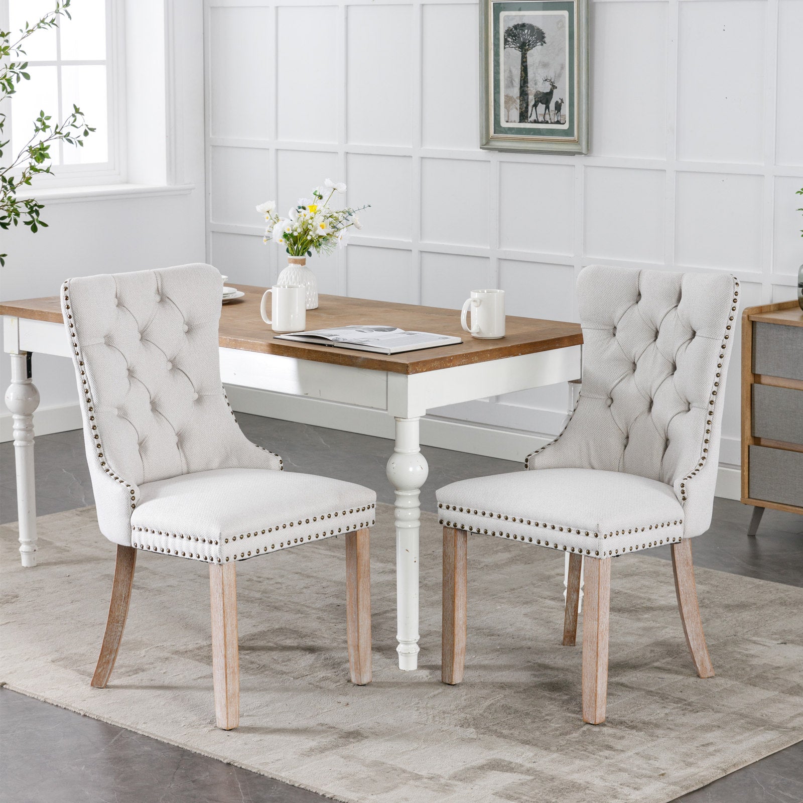 Nikki Collection Tufted Linen Dining Chair Nailhead Trim Wood Legs 2-Pcs Set - Beige