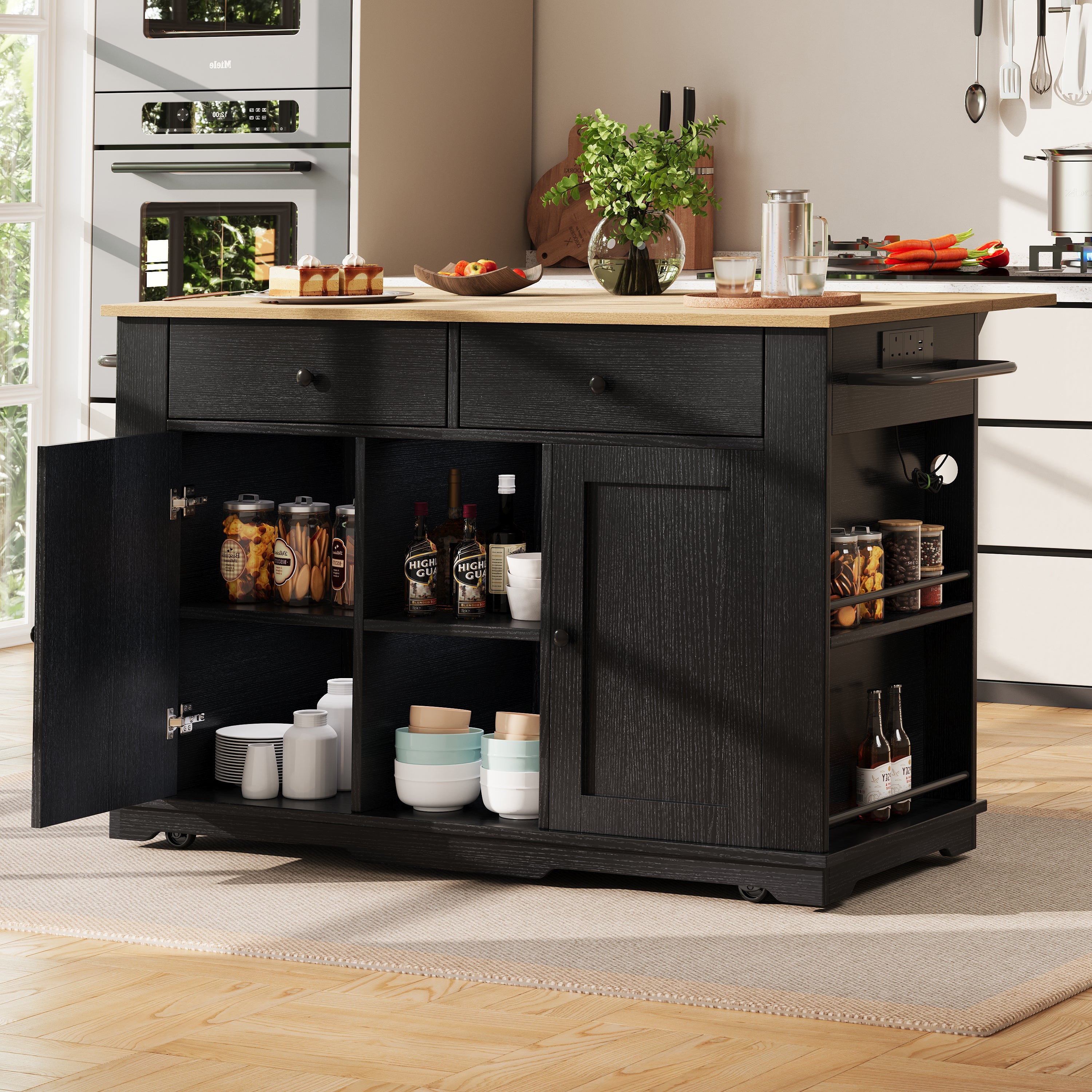 Kitchen Island with Power Strip and Wood Grain, Black