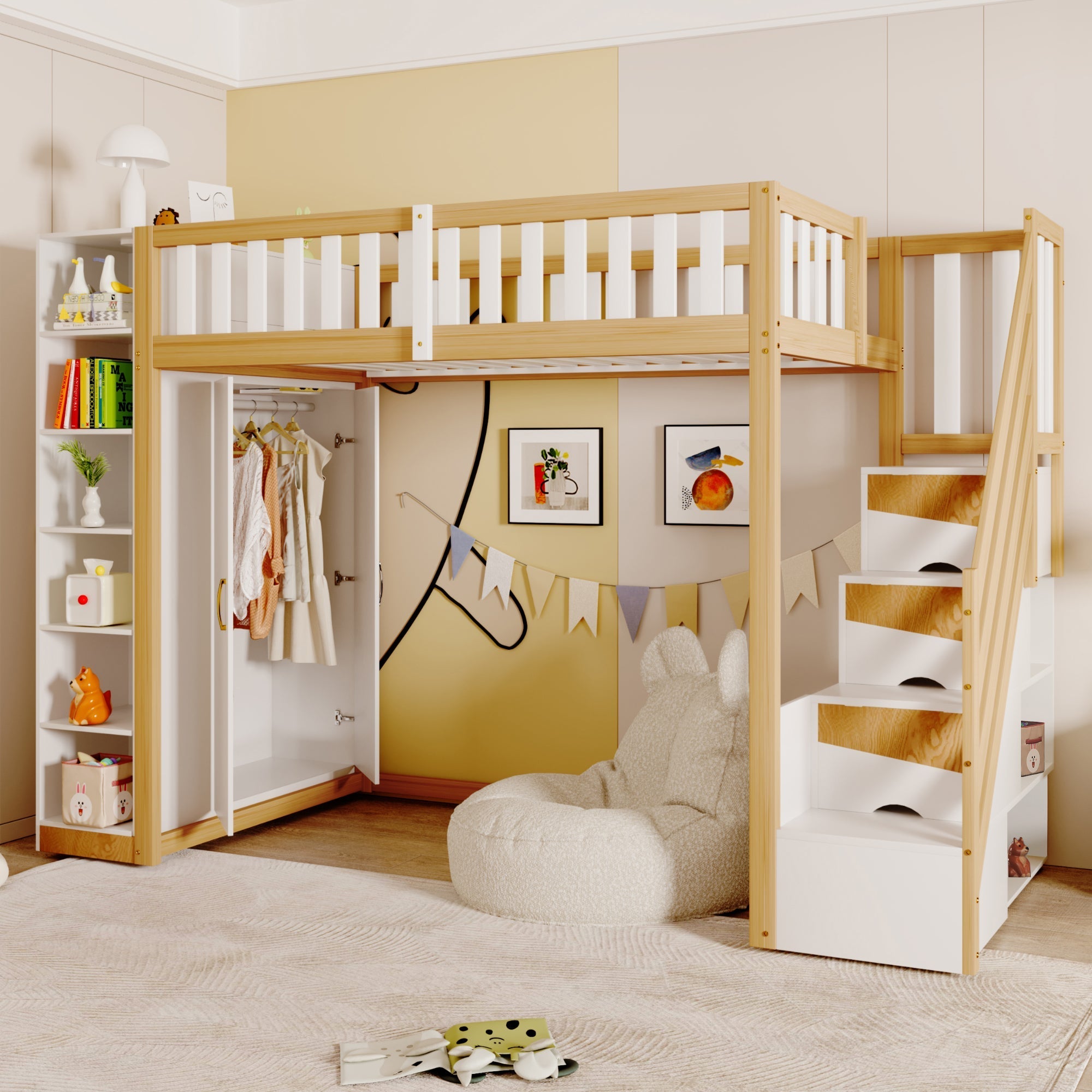 Loft Bed 90x200cm Storage Wardrobe Ladder - White + Raw Wood Finish
