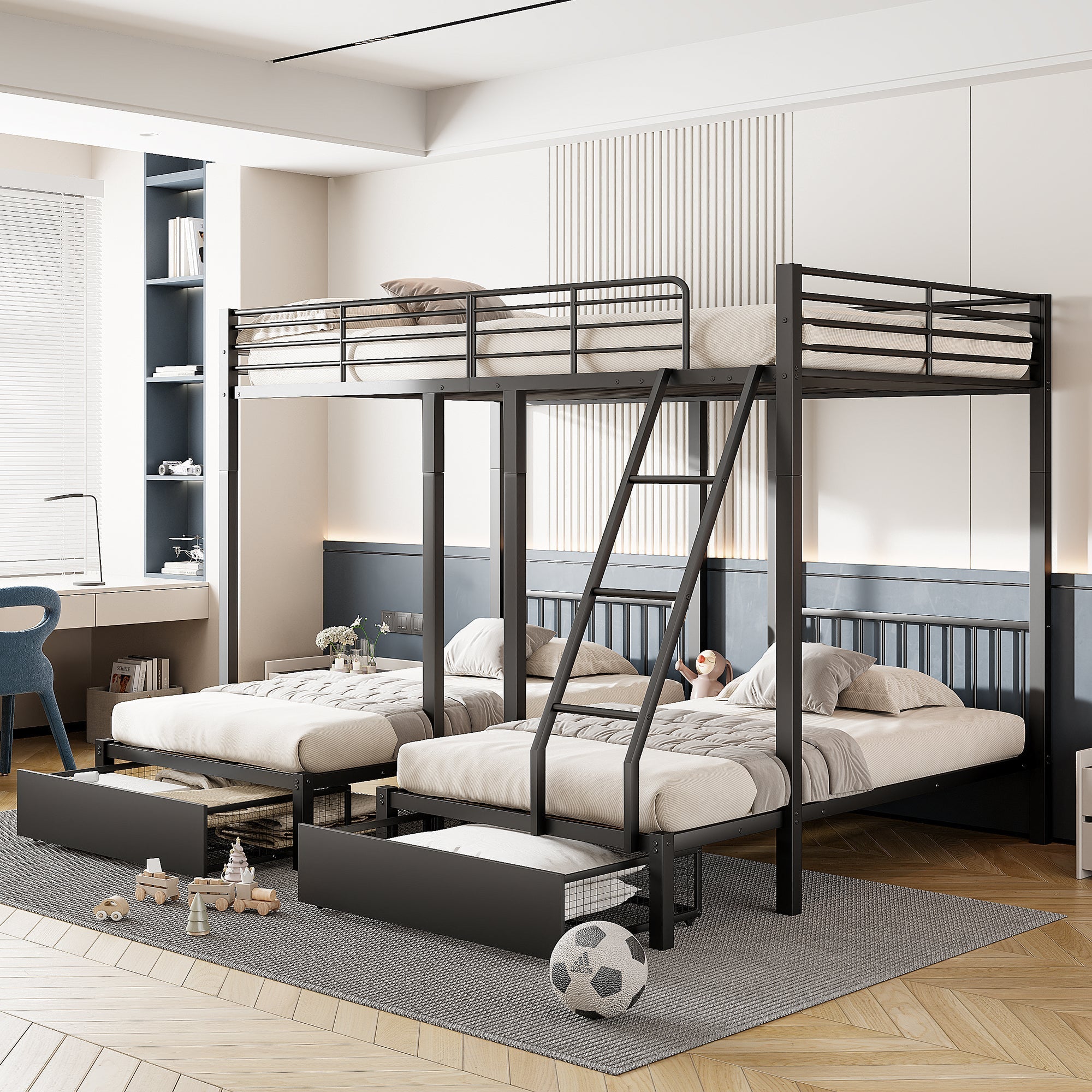 Triple Bunk Bed, Drawers, Convertible to Double & Two Single Beds, Metal, Black