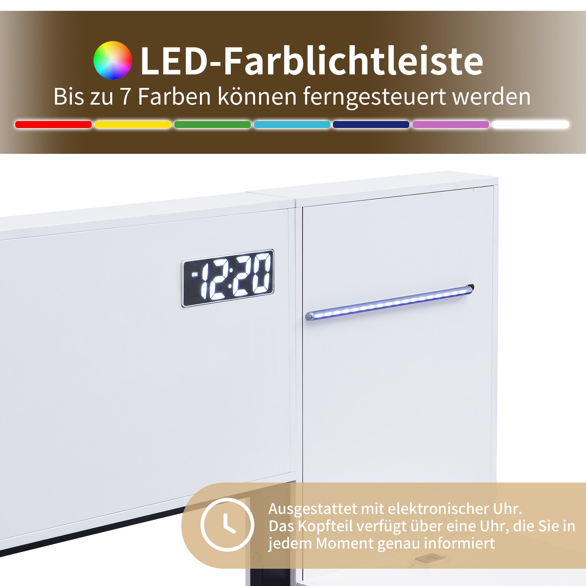 Double Bed with USB, Clock, Bluetooth Speaker and LED, 160x200cm, White Wood