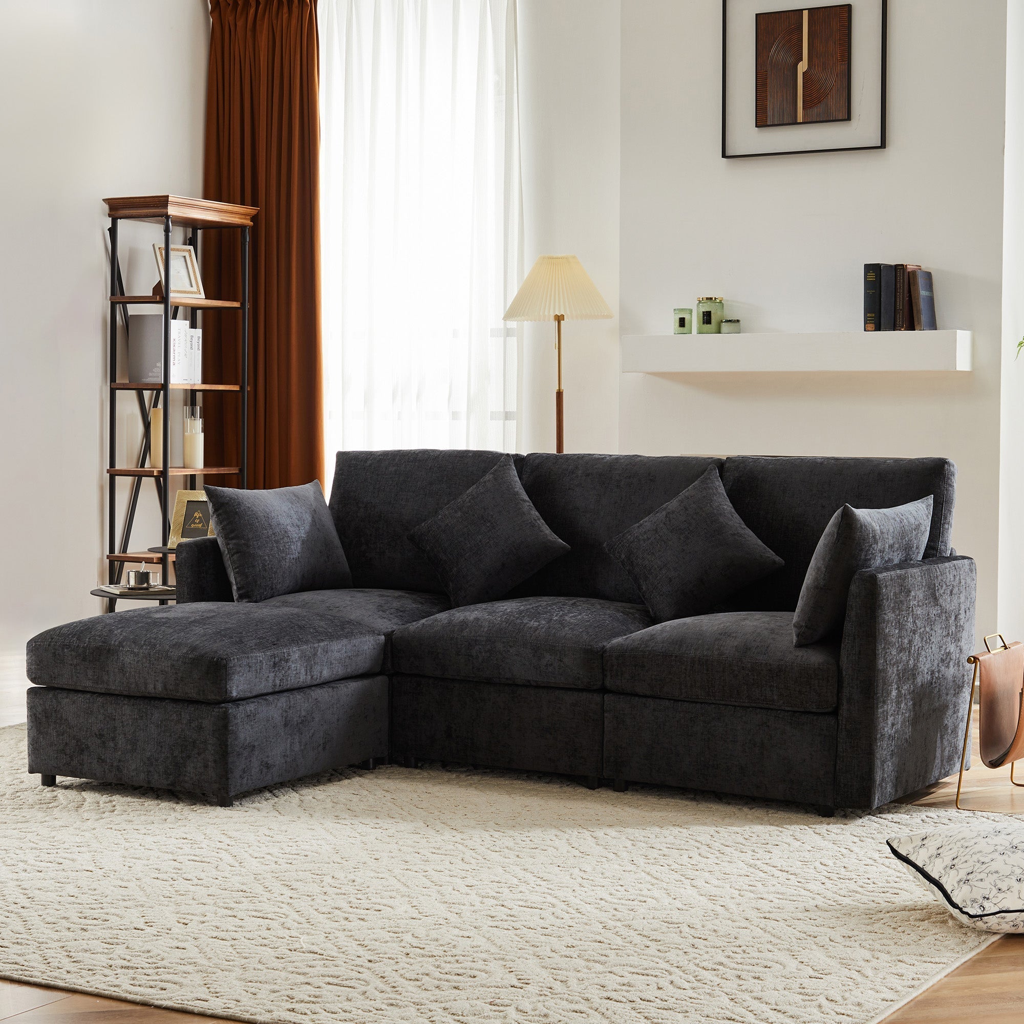 L-Shaped Corner Sofa Set with Footstool Modern Design Chenille Fabric