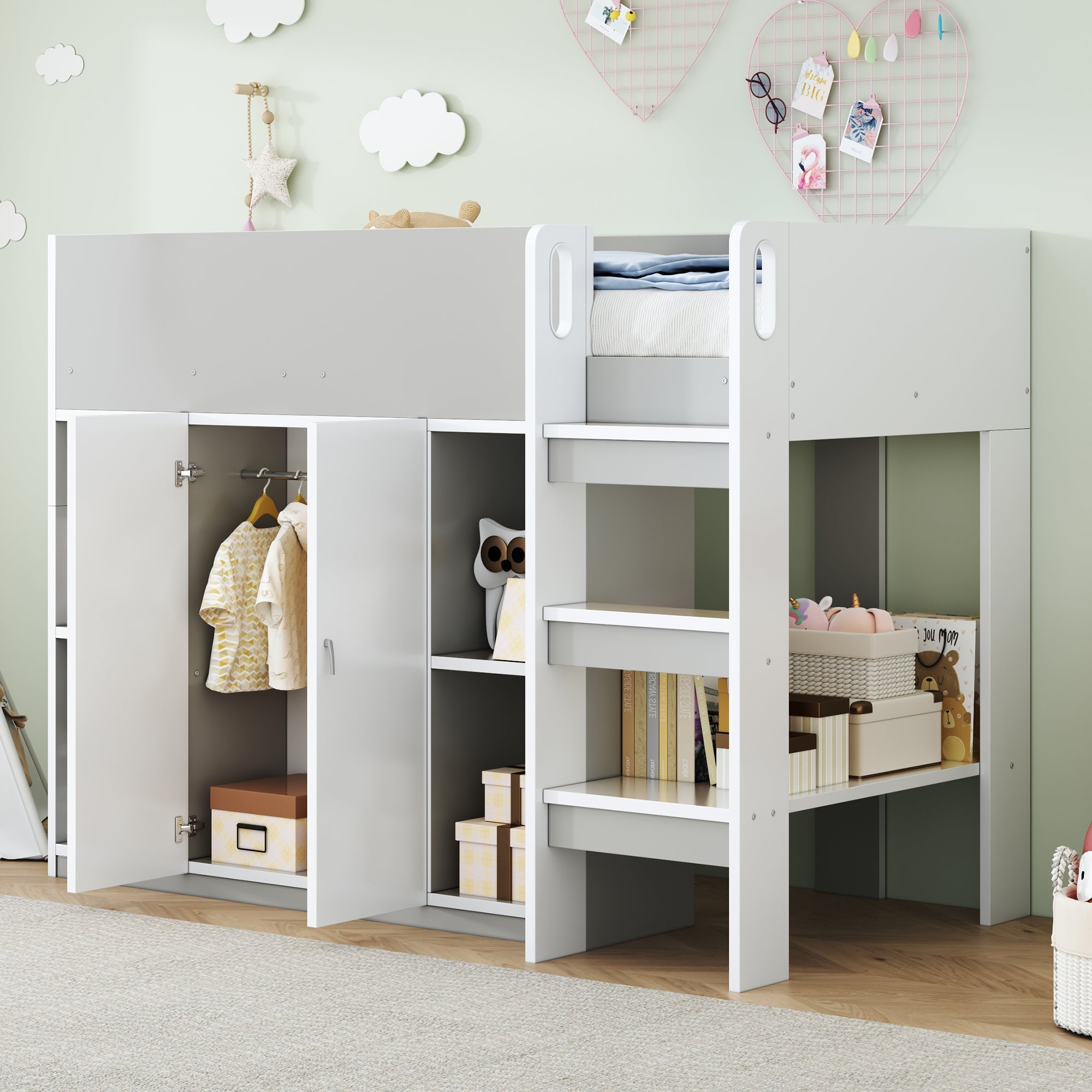 Loft Bed 90*200, Multifunctional with Storage, Wardrobe, Shelves, Ladder, Gray