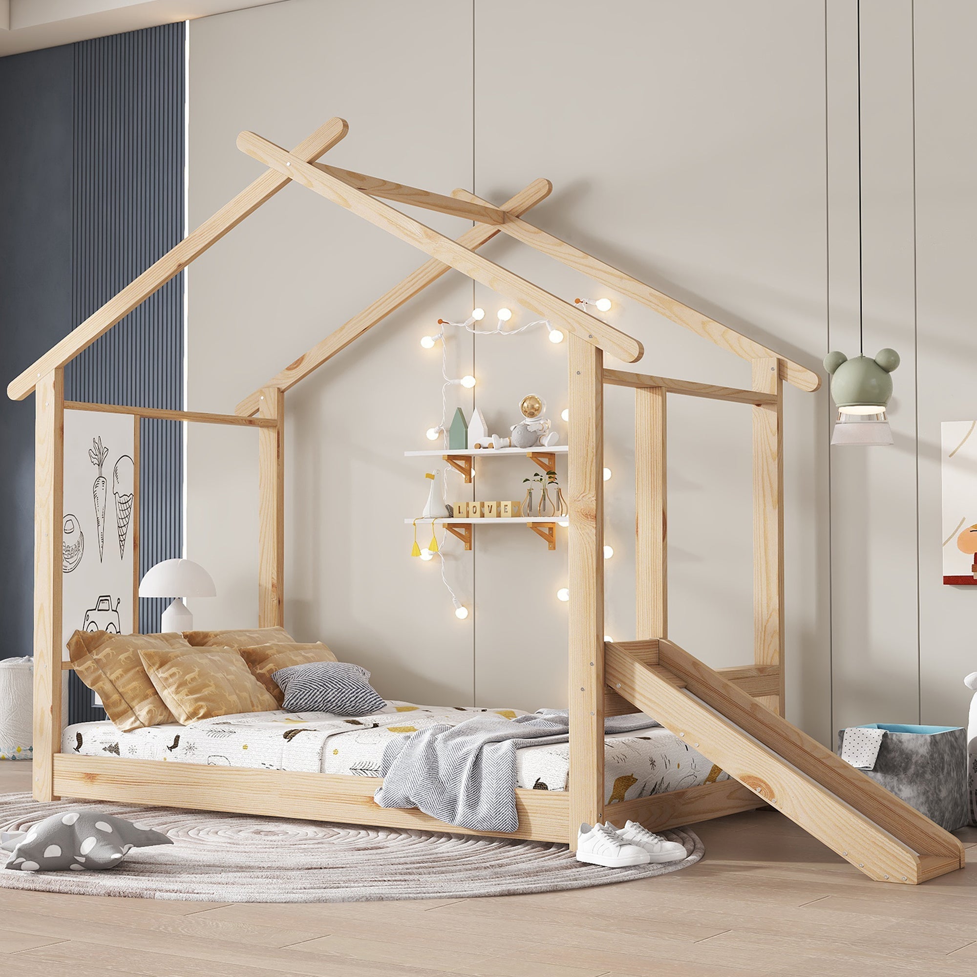 Wooden Bed, Single with Slide, Roof Design & Whiteboard, Pine + MDF + Plywood