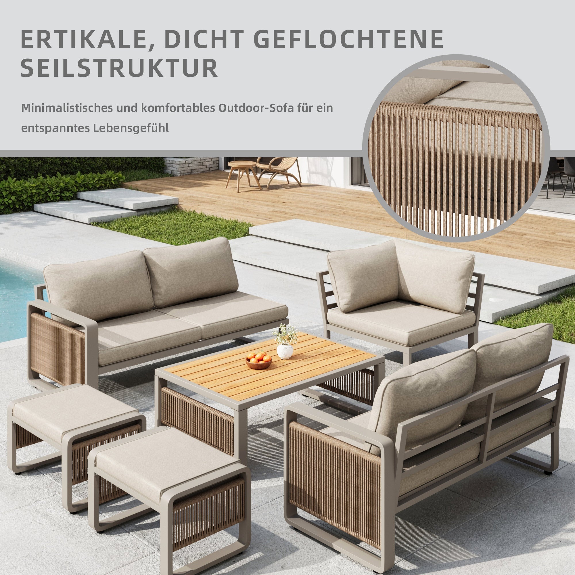 Garden Lounge Chair Set for 6-7 People, Weatherproof Corner Sofa and Lounger, Handwoven Rope and Iron, Beige