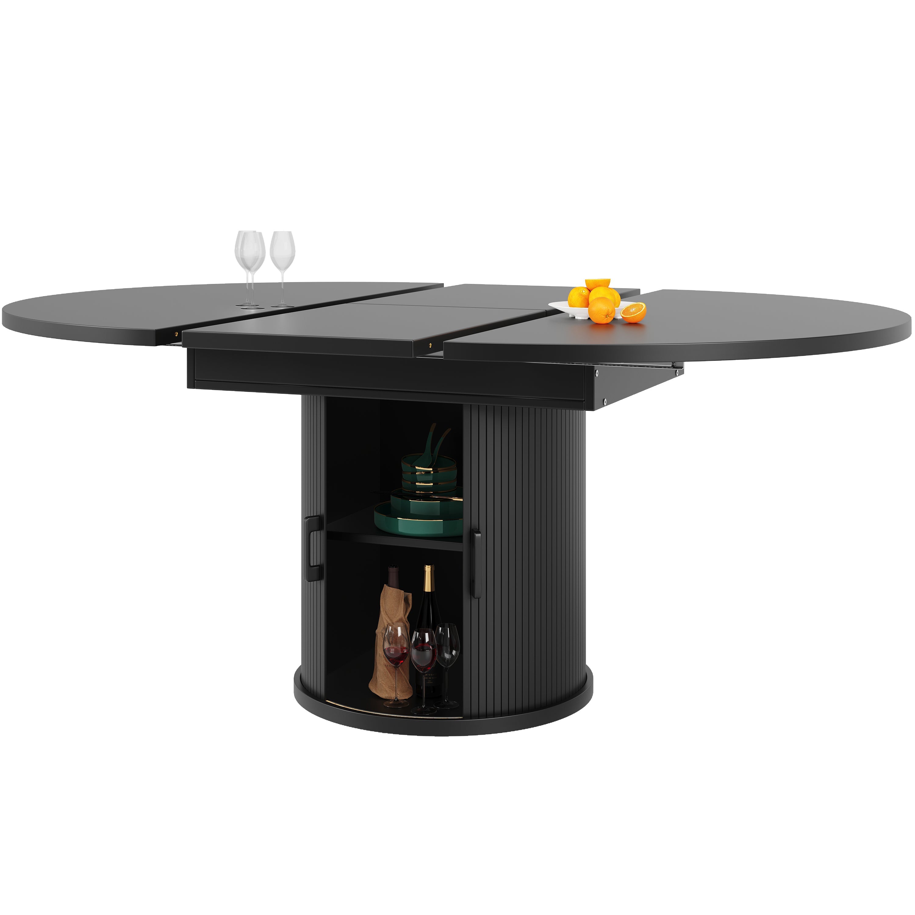 Round Extendable Dining Table, 118-158 cm Oval Tabletop for 6 People, Walnut and Black