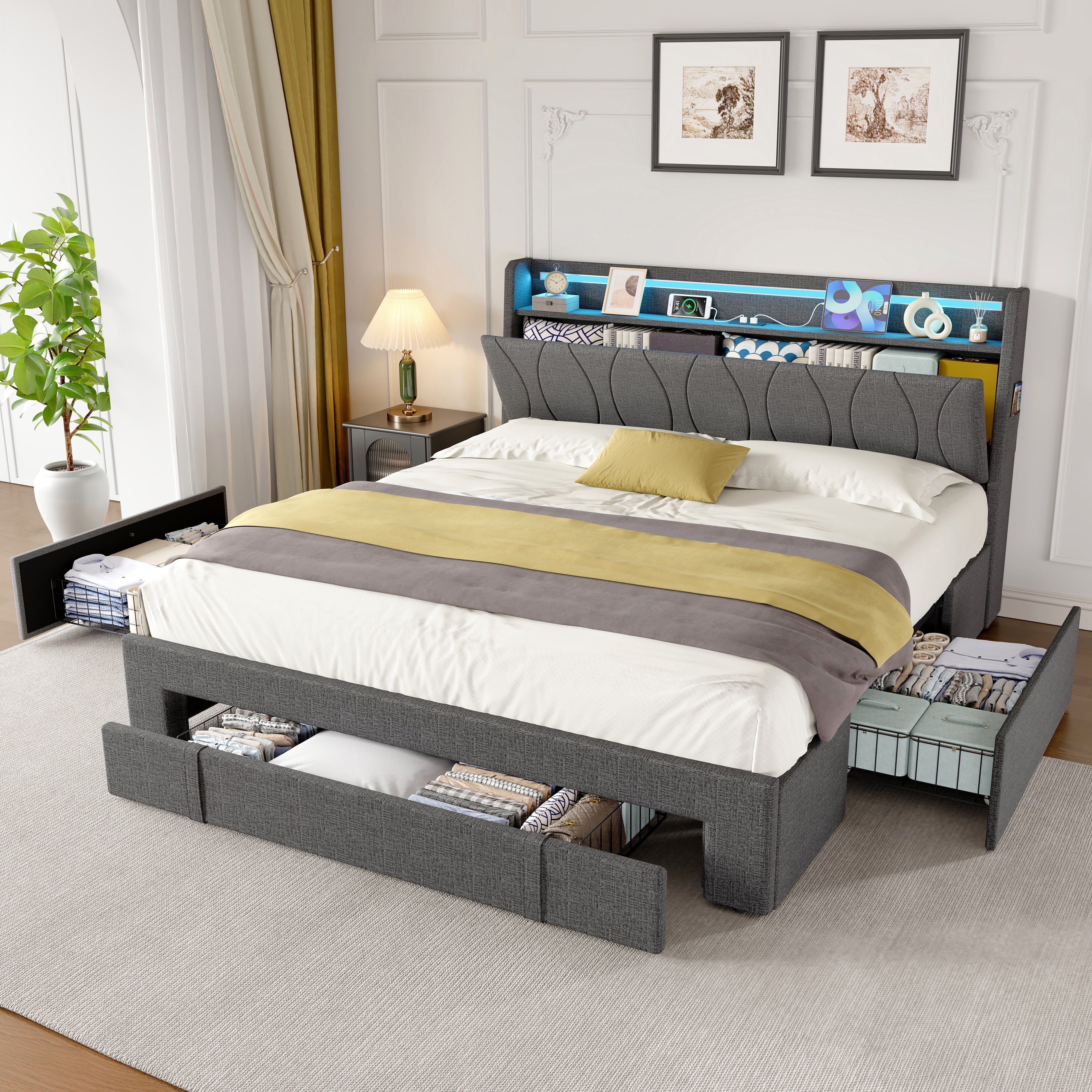 4ft6 Double Upholstered Bed, 3 Storage Drawers LED Headboard Charging Station, Linen Grey