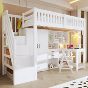 Loft Bed with Wardrobe, Desk and Storage Ladder, White