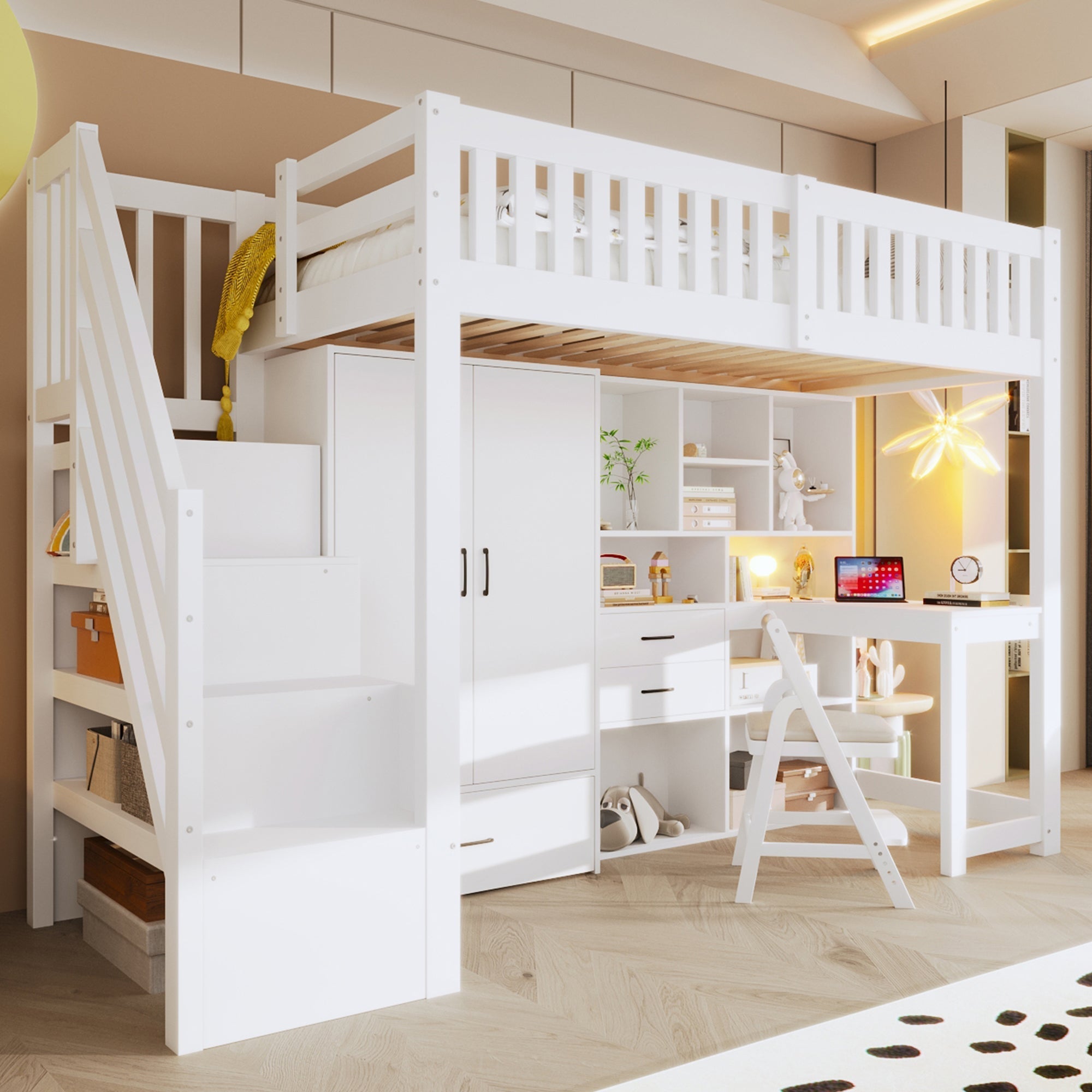 Loft Bed with Wardrobe, Desk and Storage Ladder, White