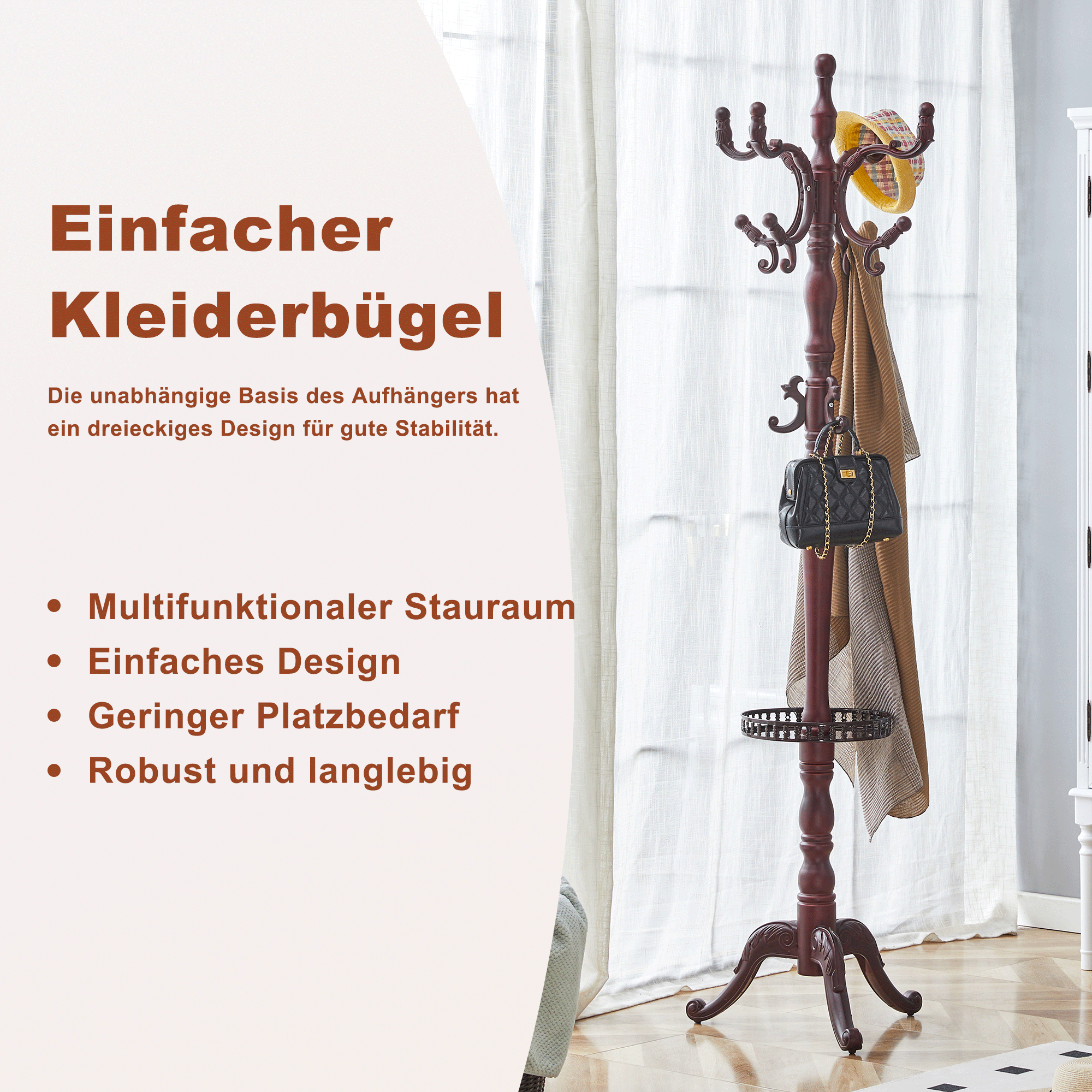 Clothes Rack Multi-Hook Freestanding - Solid Walnut Wood