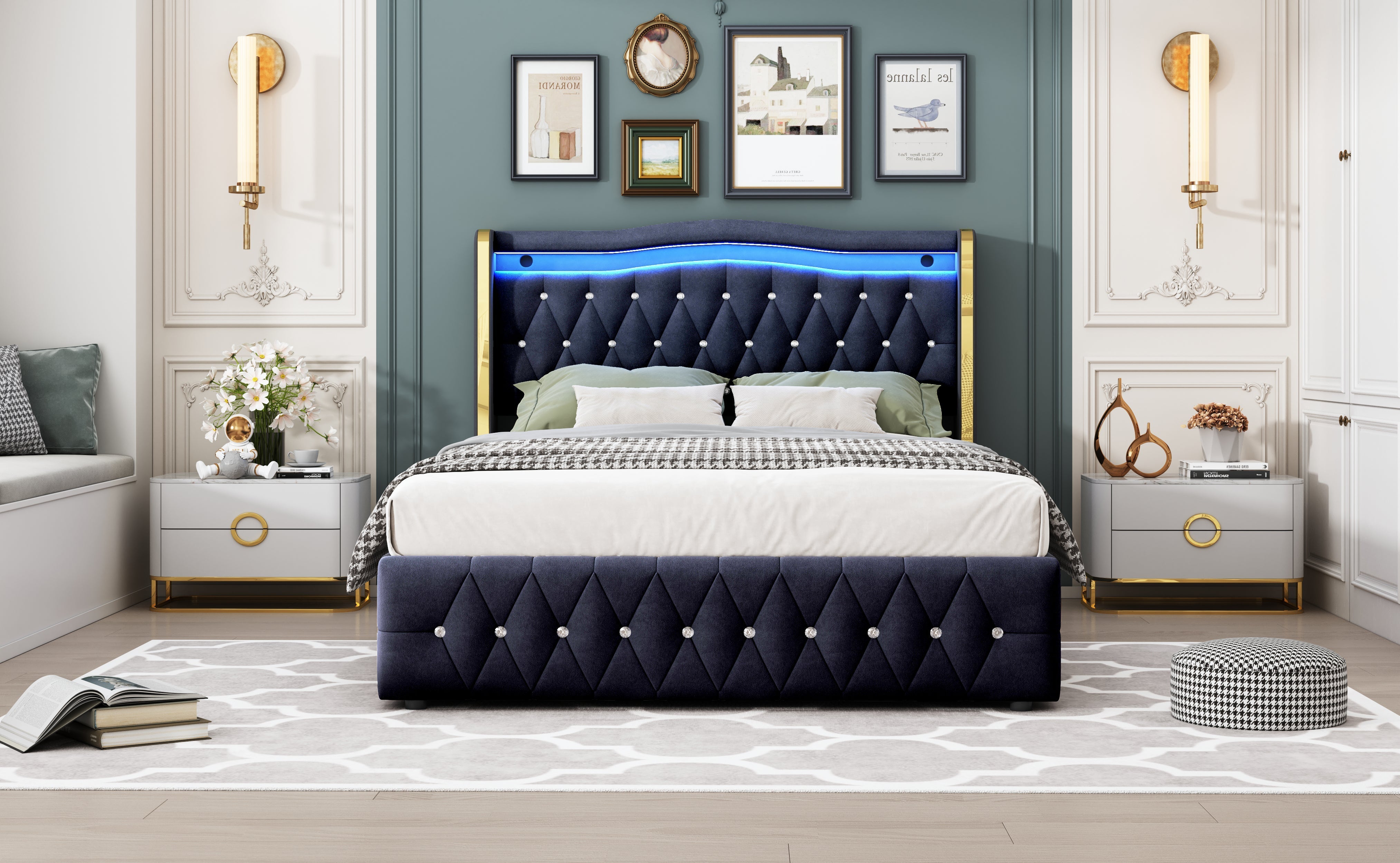 Upholstered Double Bed with LED Lights and Hydraulic Storage, Velvet