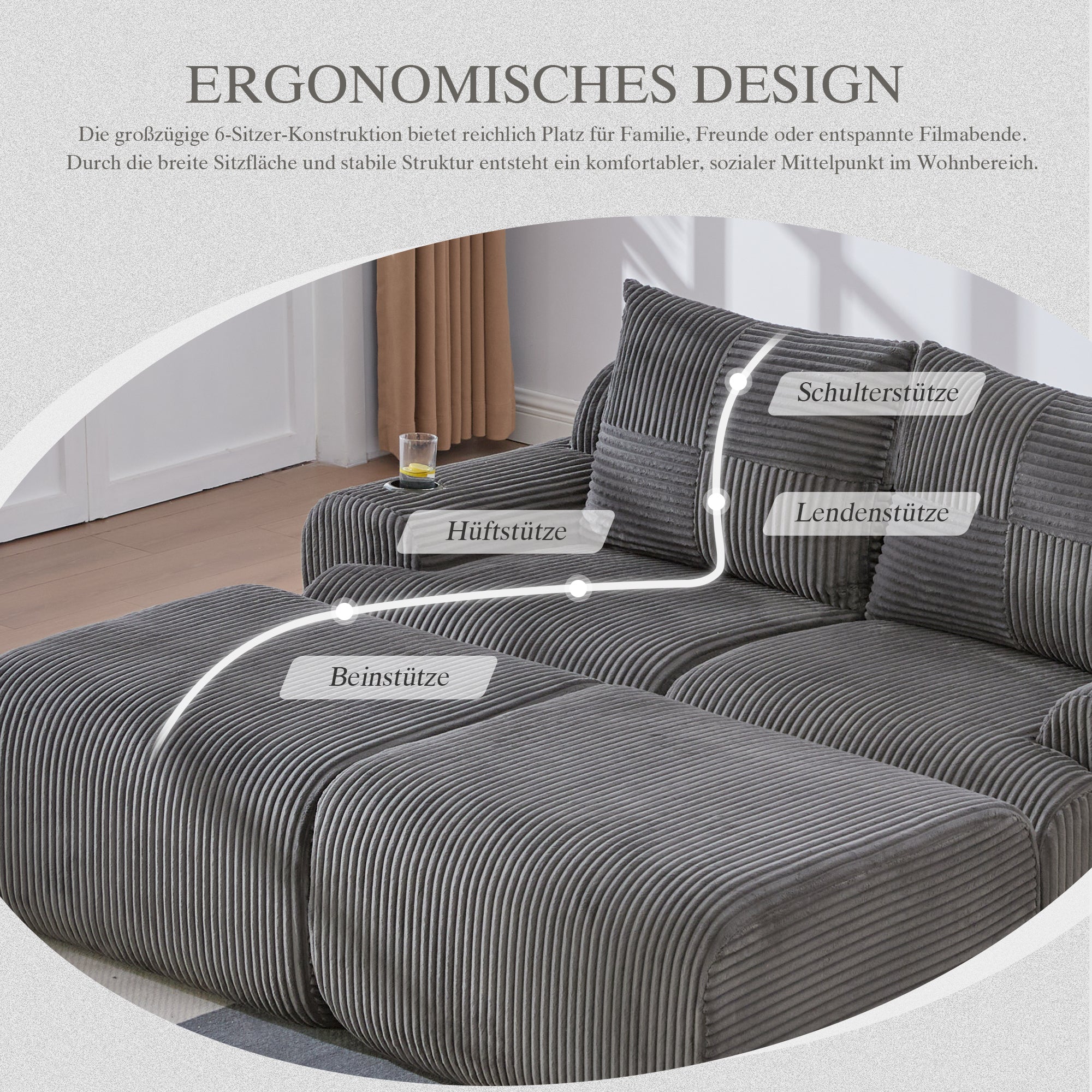 Modular 2-Seater Corduroy Sofa with Ottomans, Cup Holders and Storage Pocket, Dark Grey