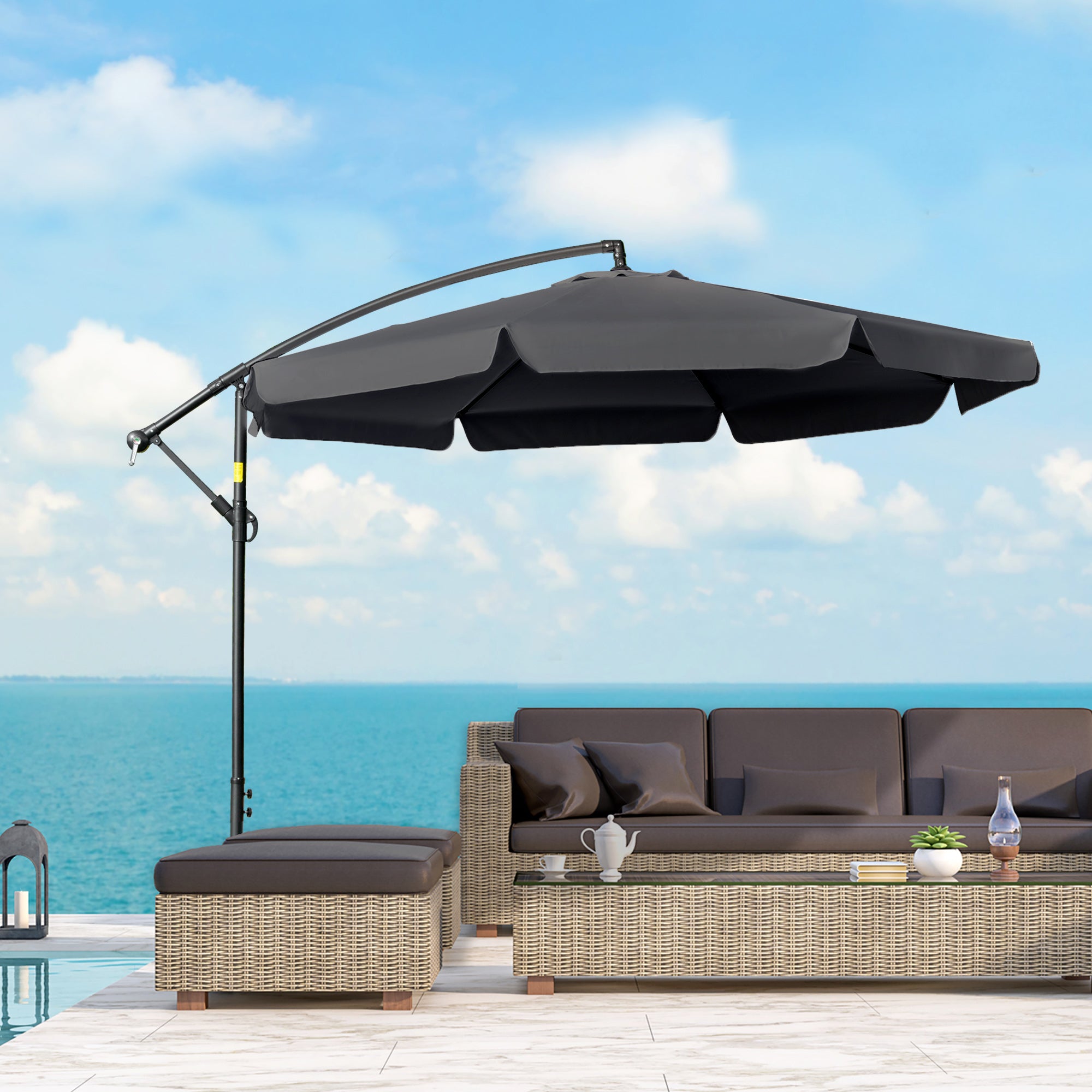 2.7m Banana Cantilever Parasol Umbrella with Crank Handle and Cross Base, Black