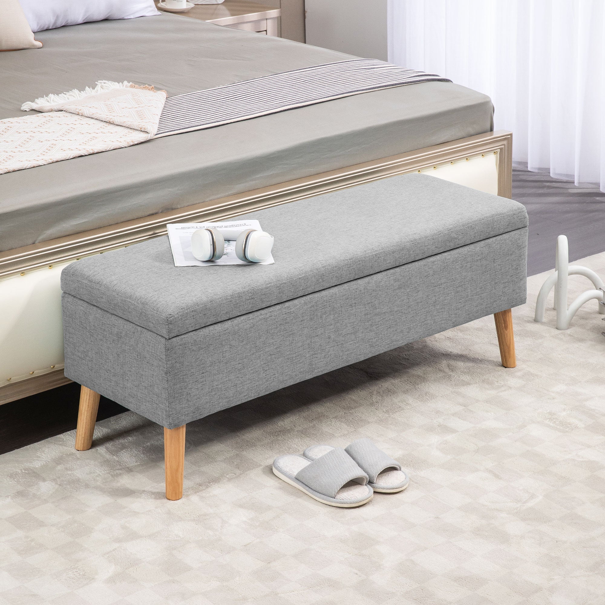 Upholstered bench with storage, 110 x 39 x 45 cm, grey linen look, rubber wood