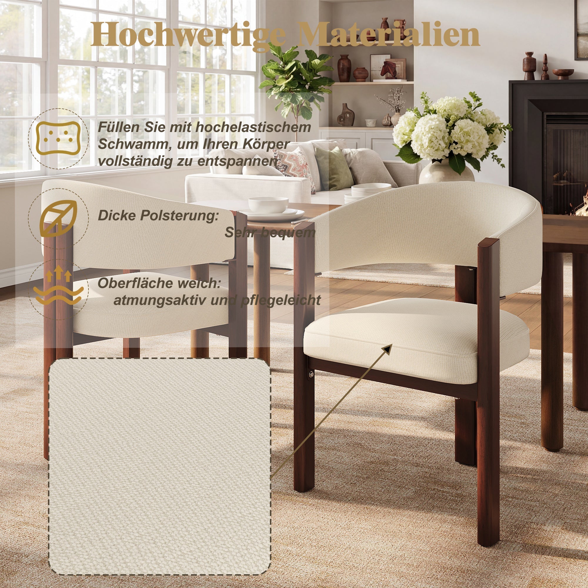 Ergonomic Dining Chairs Set of 2 with Thick Padding and Height Adjustable Feet, Wood Look Breathable Fabric