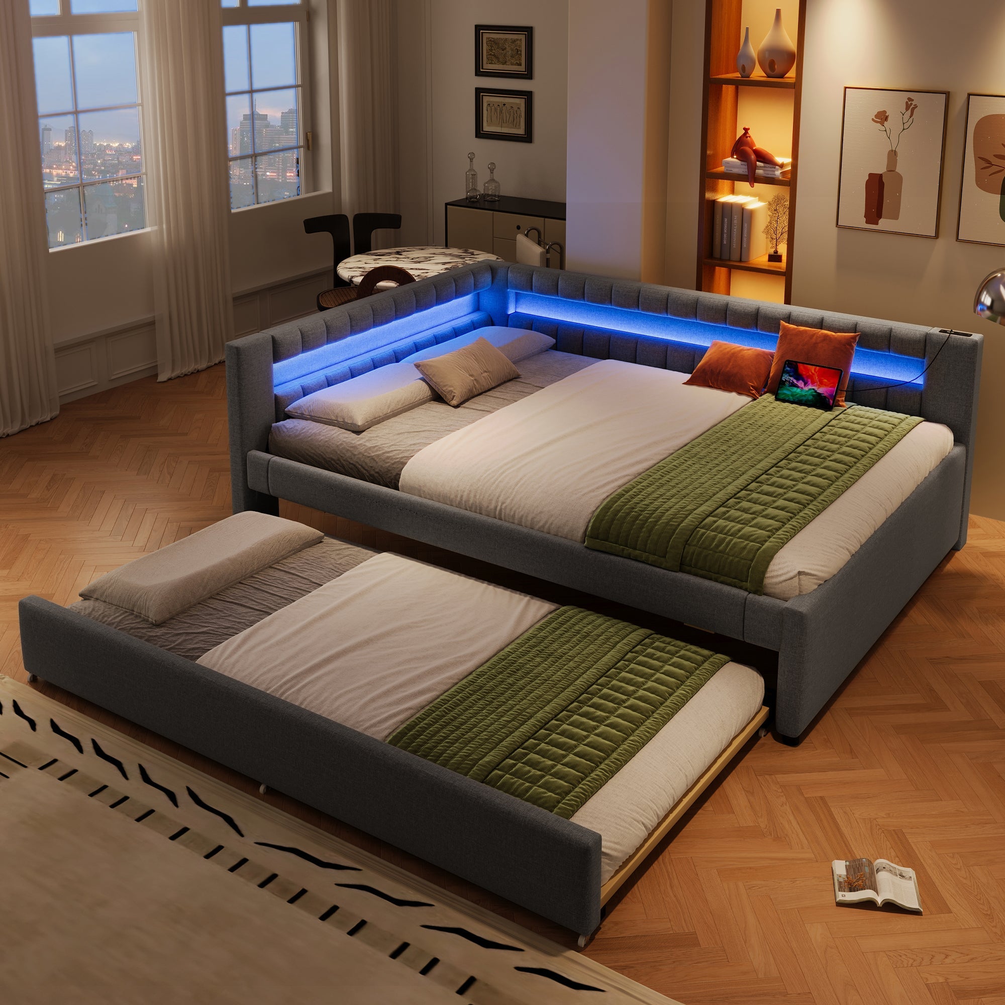 Daybed Sofa Bed 140x200cm Pull-out Bed LED USB/Type-C Linen Grey