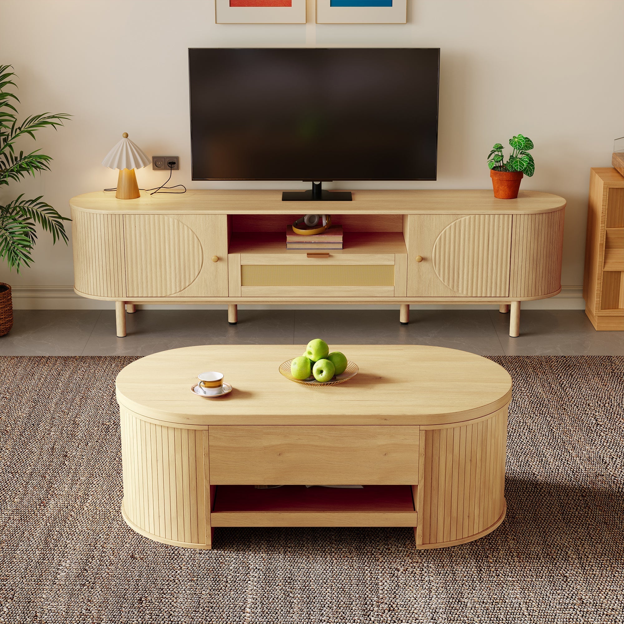Living Room Furniture Set, Adjustable Coffee Table TV Cabinet Storage Modern Design