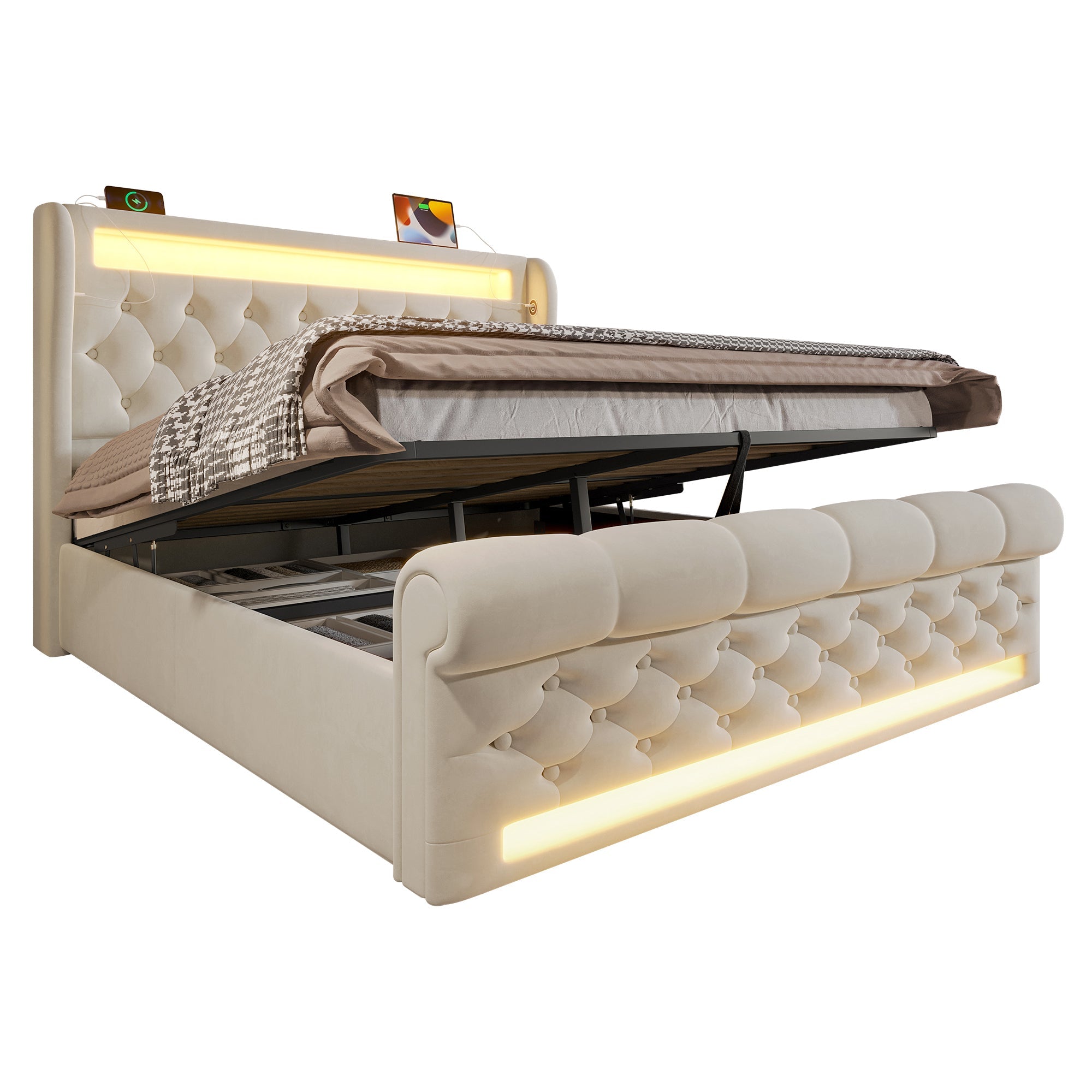 Upholstered Double Bed 160x200cm LED Lights USB/Type-C Storage Hydraulic Velvet Beige