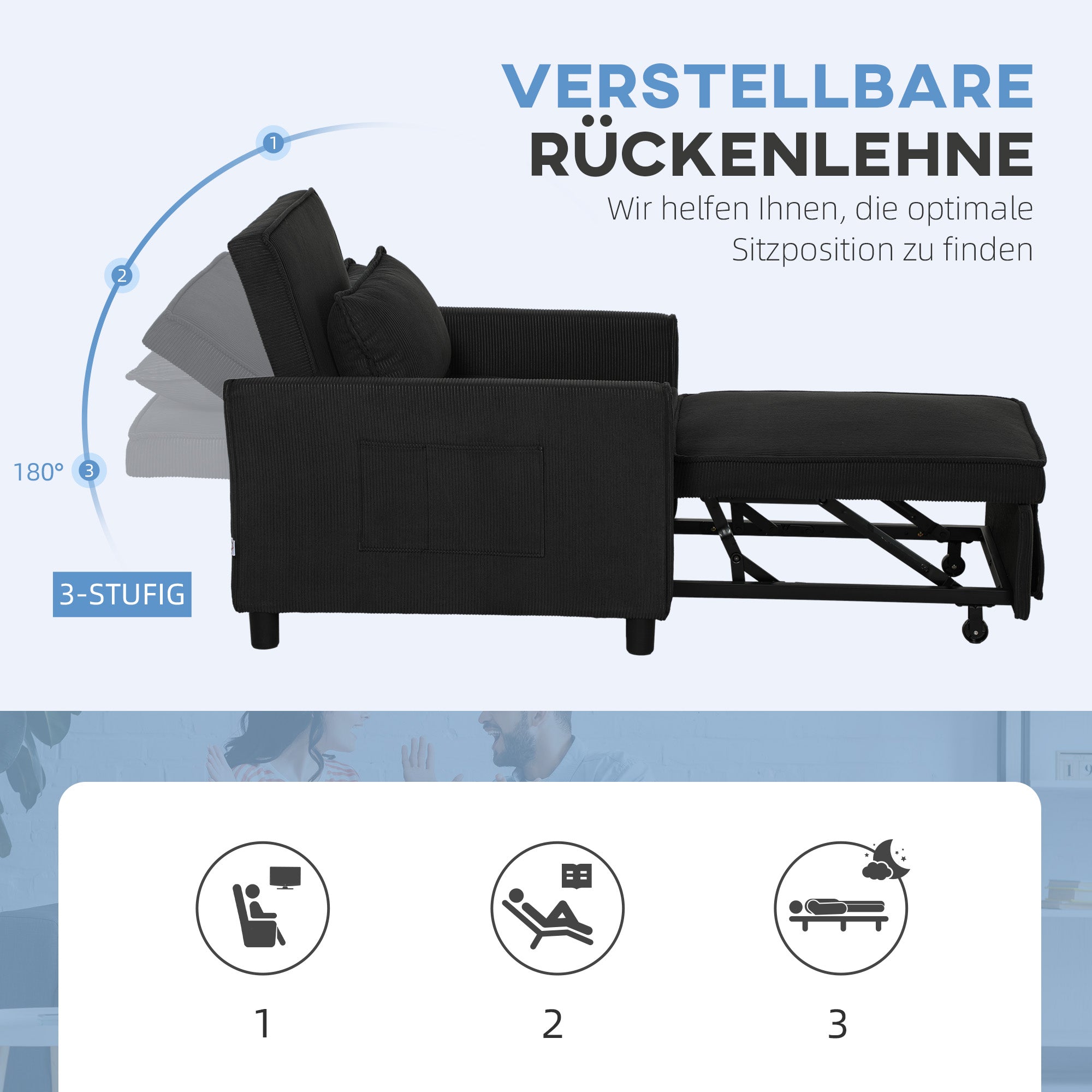 3-in-1 Sleeper Chair Folding Bed Recliner Adjustable Support Corduroy Black