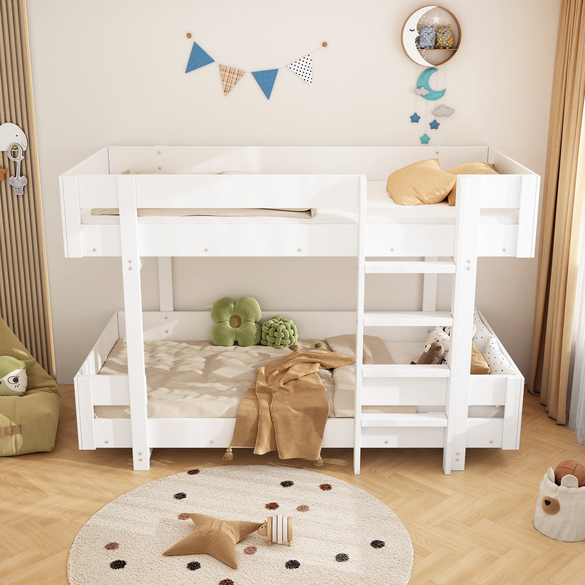 Children's Bunk Bed with Stairs and Reinforced Railing, 90x200cm, White