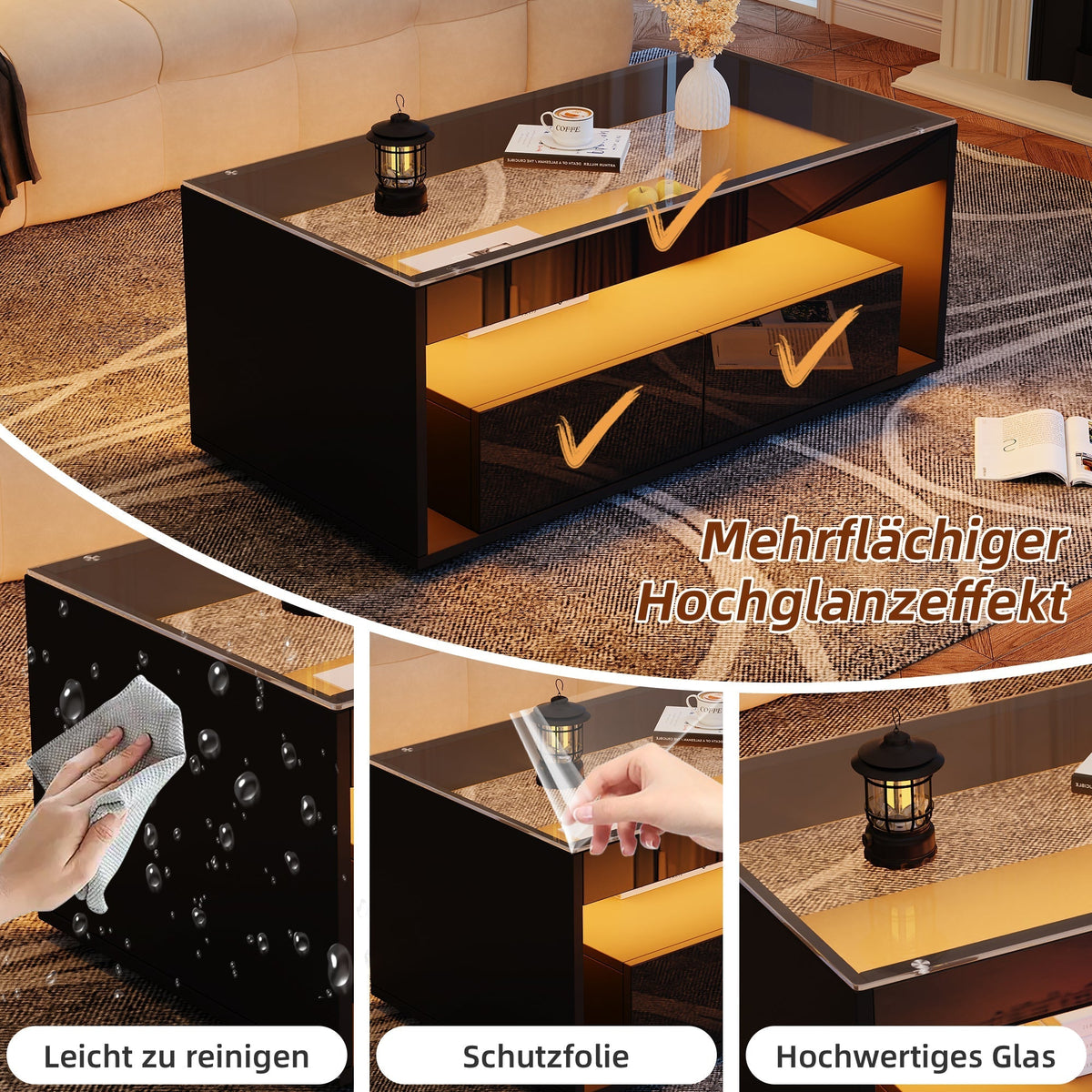 Modern Coffee Table, 16-Color LED Light, 2 Large Drawers, High Gloss, Black