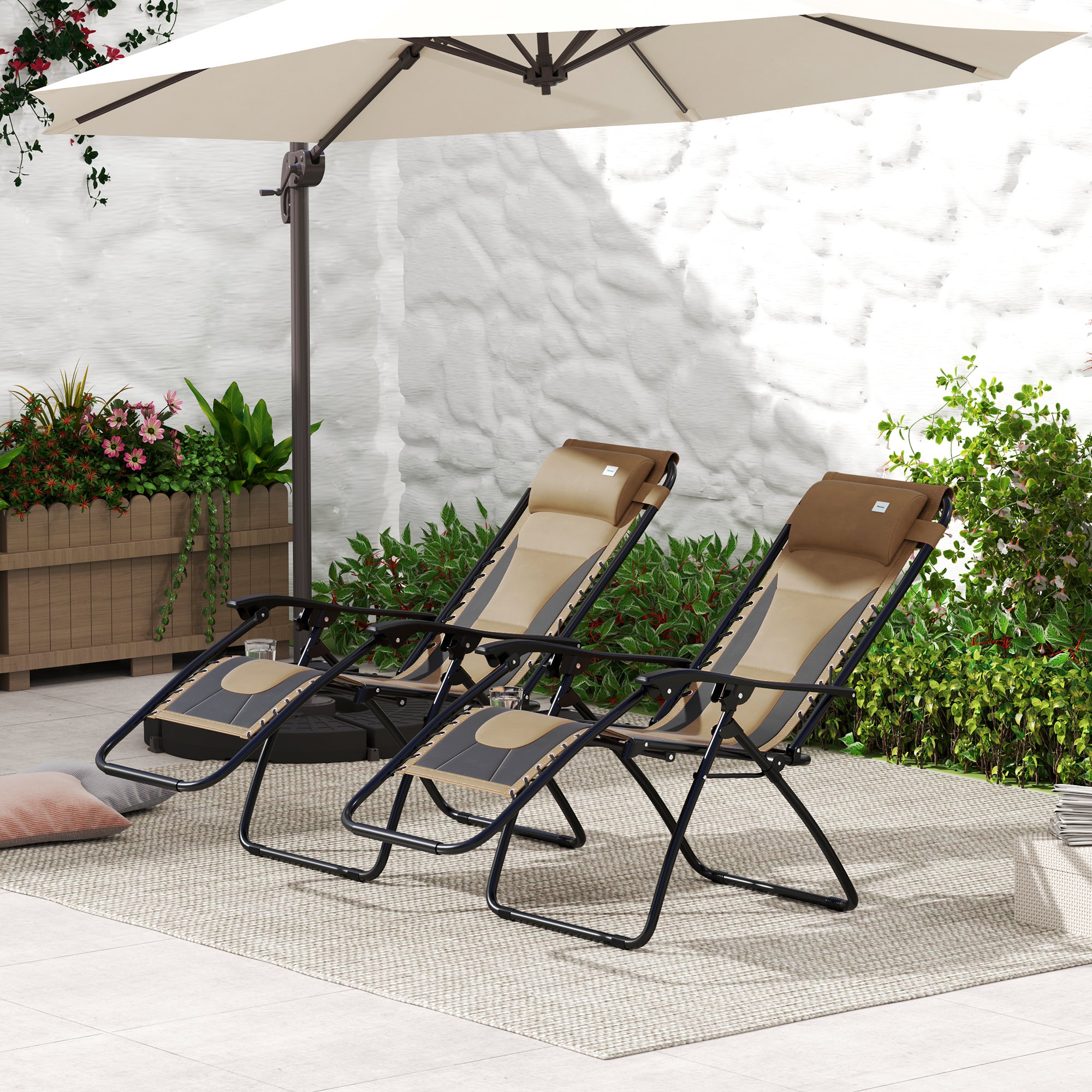 Zero Gravity Lounger Chair Set of 2, Folding Reclining Patio Chair with Padded Seat and Cup Holder, Coffee