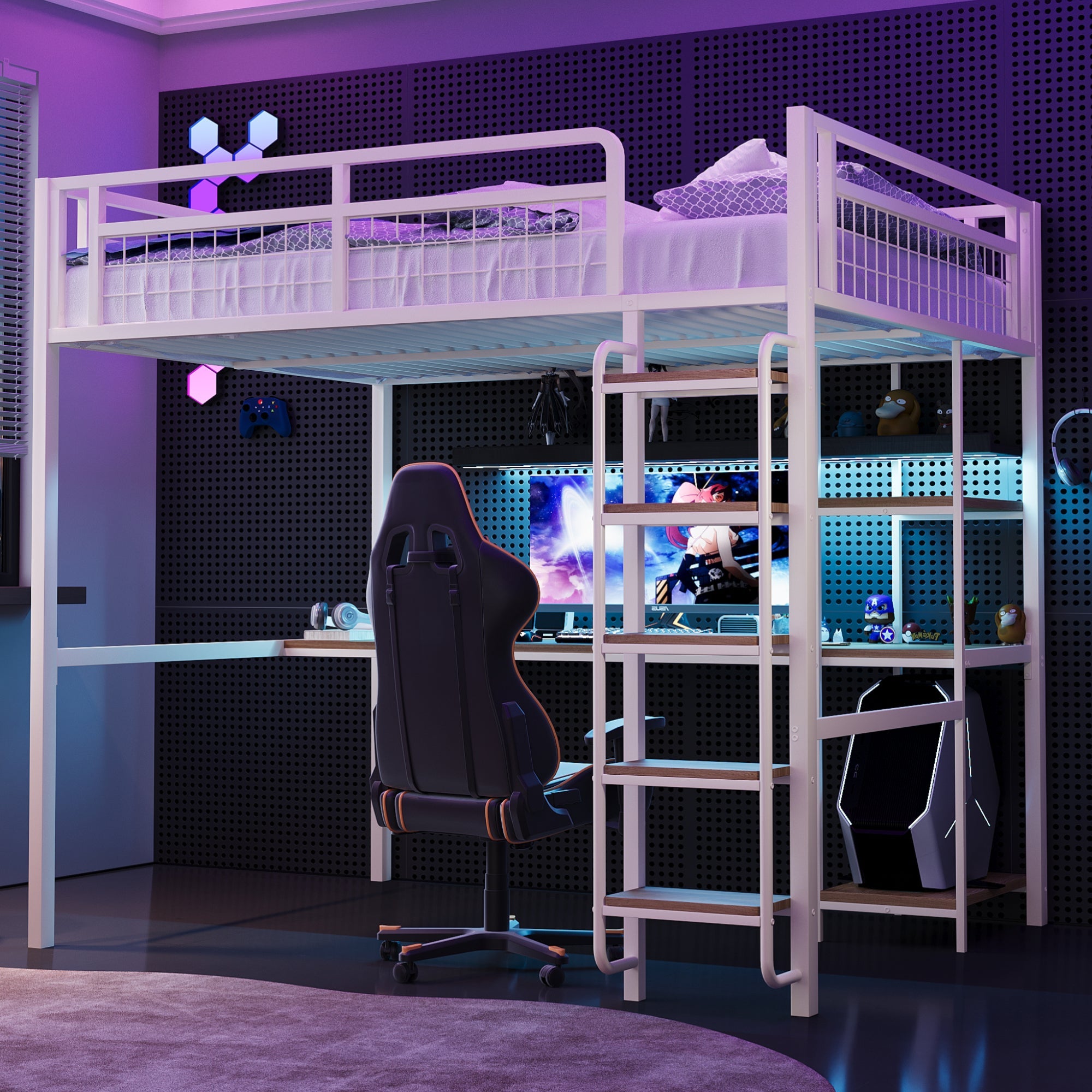 Metal Loft Bed 140*200 cm with Ladder, Table & Shelf, White