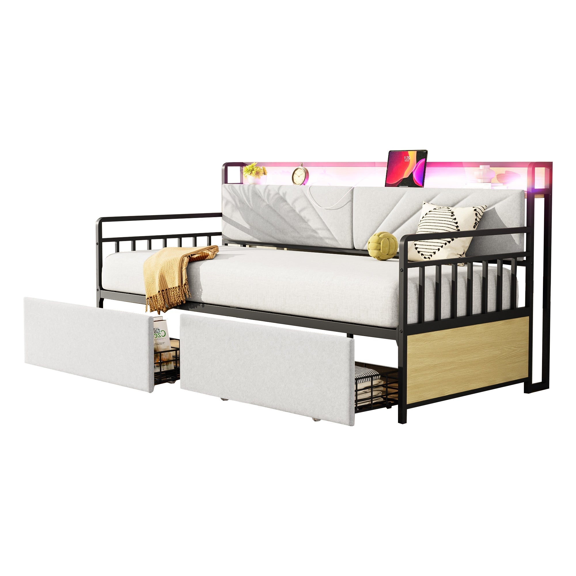 Sofa Bed, 90x200 cm LED, Shelves & Drawers, Beige Iron